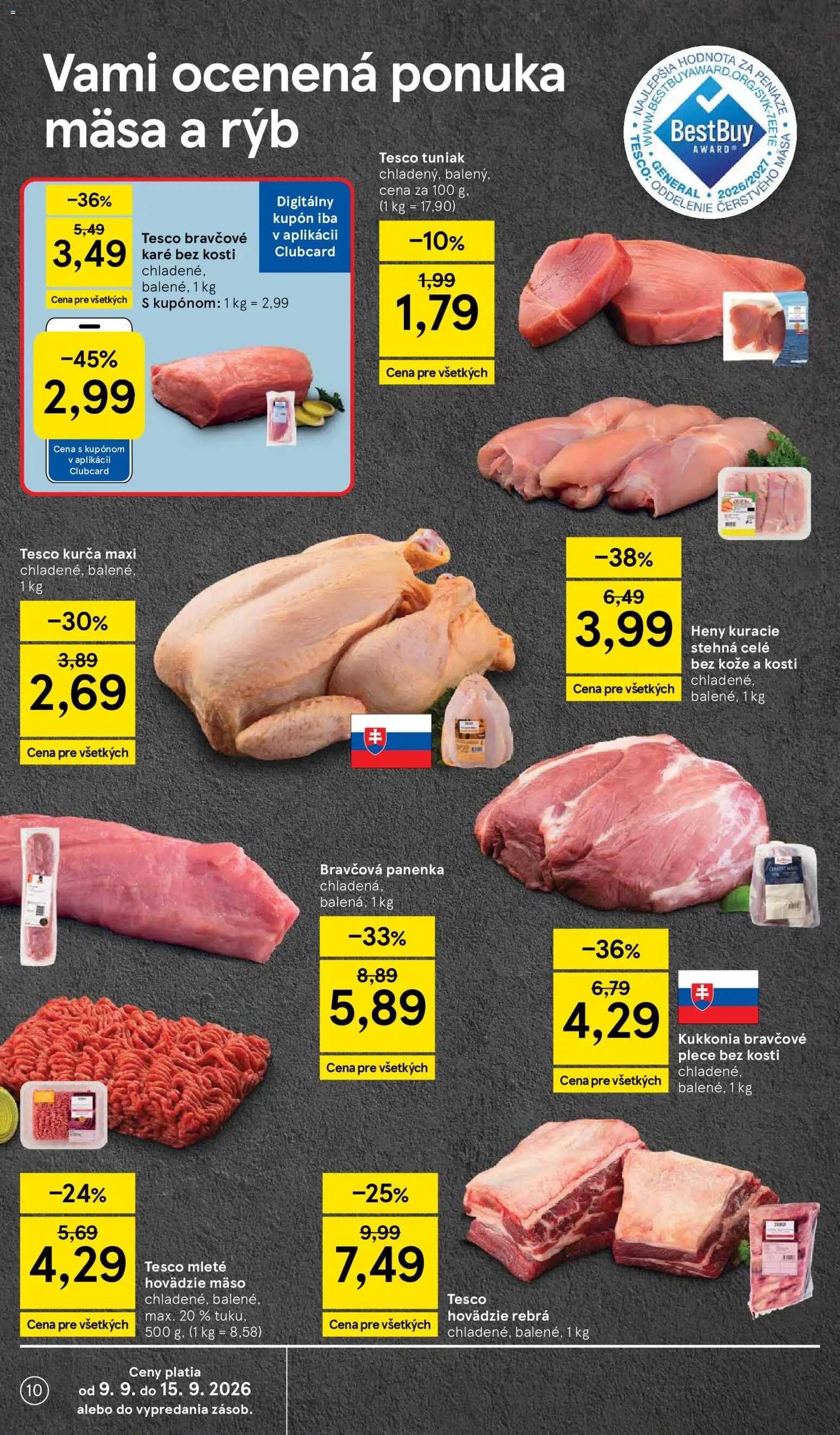 Náhľad Tesco letáku platného od 09.09.2026 - Mäso, Bravčová panenka, Kuracie stehná, Bravčové karé, Hovädzie mäso, Kurča, Hovädzie rebrá, Stehná