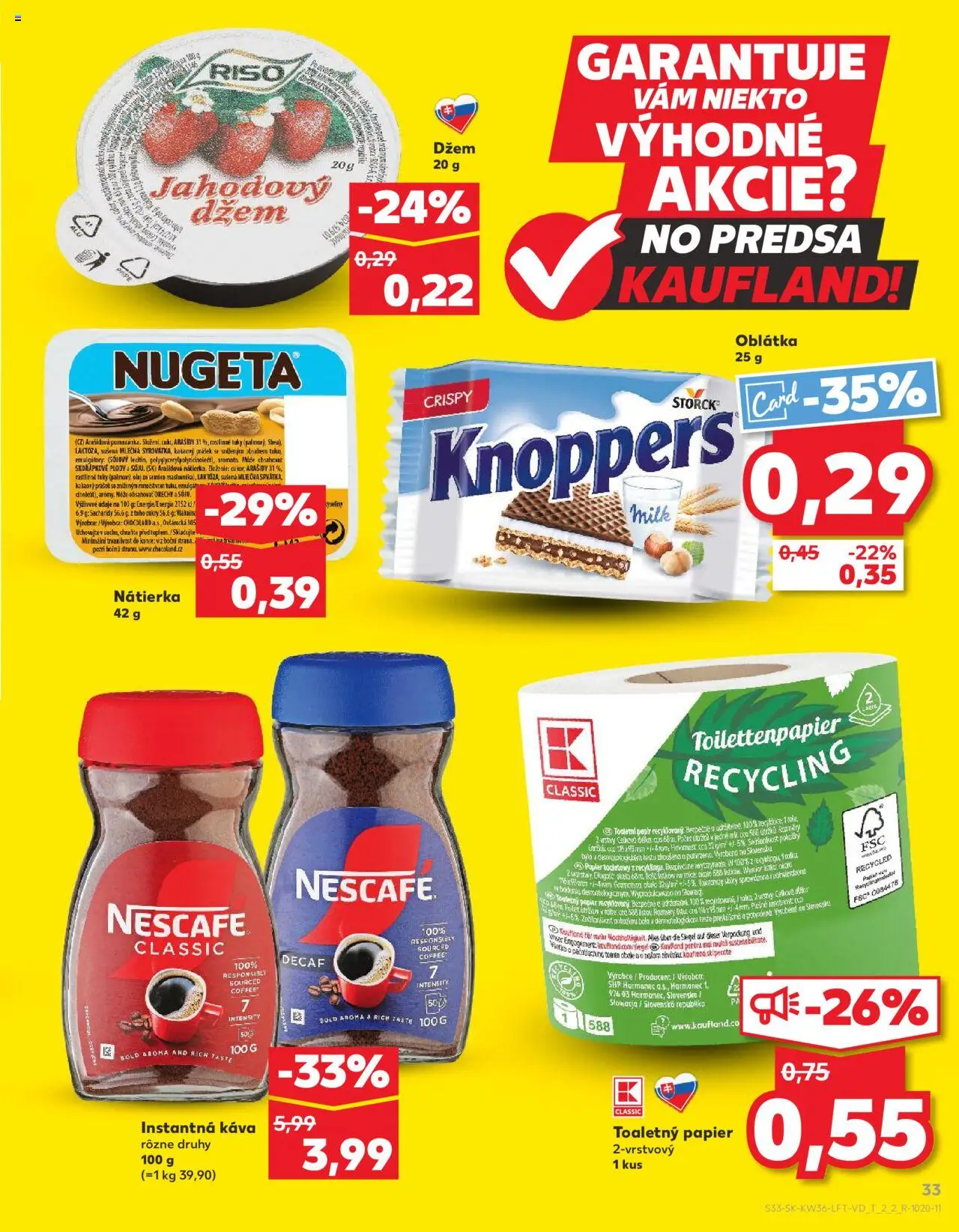 Náhľad Kaufland letáku platného od 04.09.2025 - Káva, Olej, Orechy, Toaletný papier, Arašidy, Nátierka, Džem, Nescafé Classic