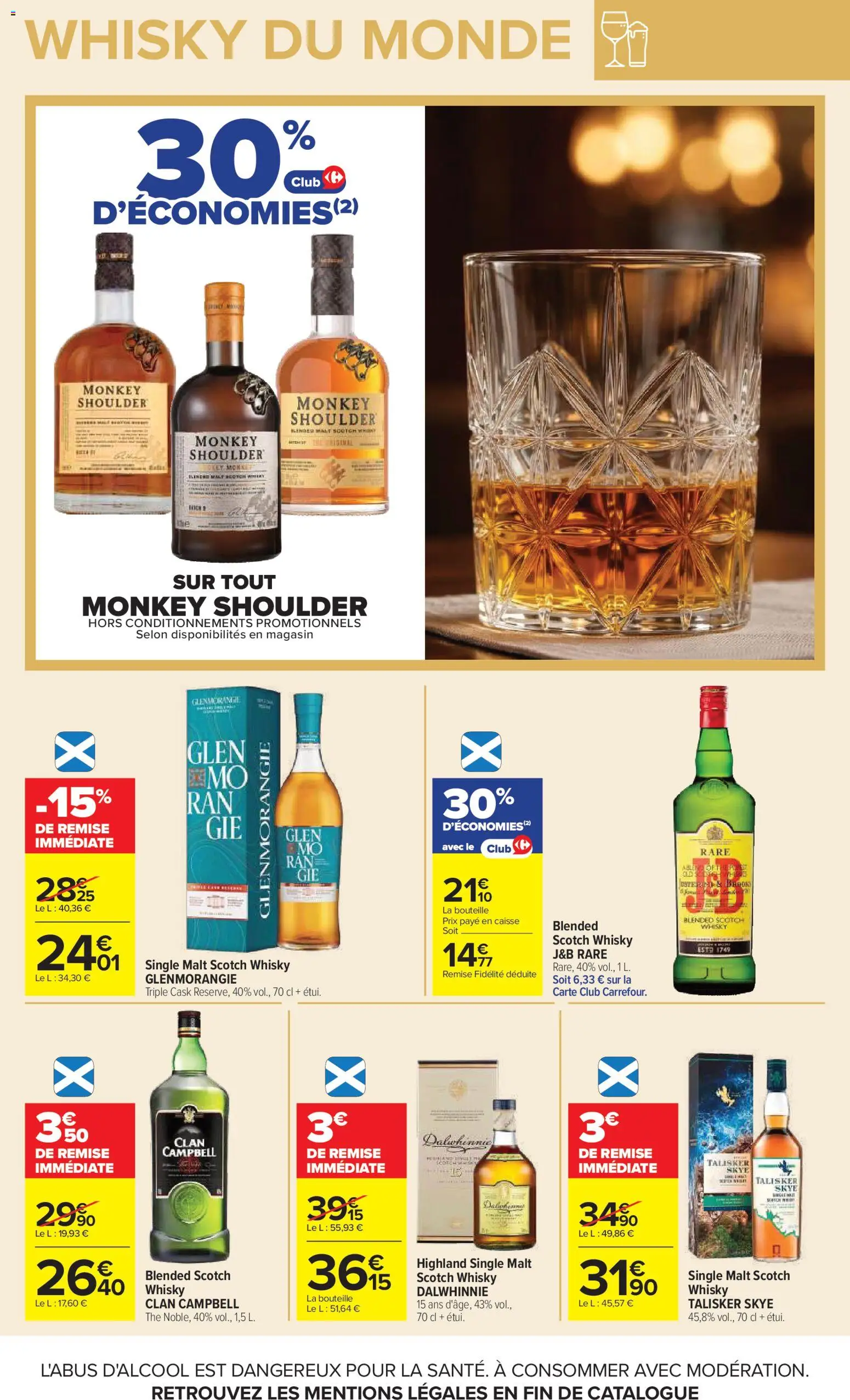 Prévisualisation de Carrefour Vos promos du quotidien du magasin Carrefour formulaire valide 27/10/2026 - Whisky, Thé, Bouteille, Monkey shoulder, Clan Campbell, Whisky clan Campbell, Scotch whisky Clan campbell