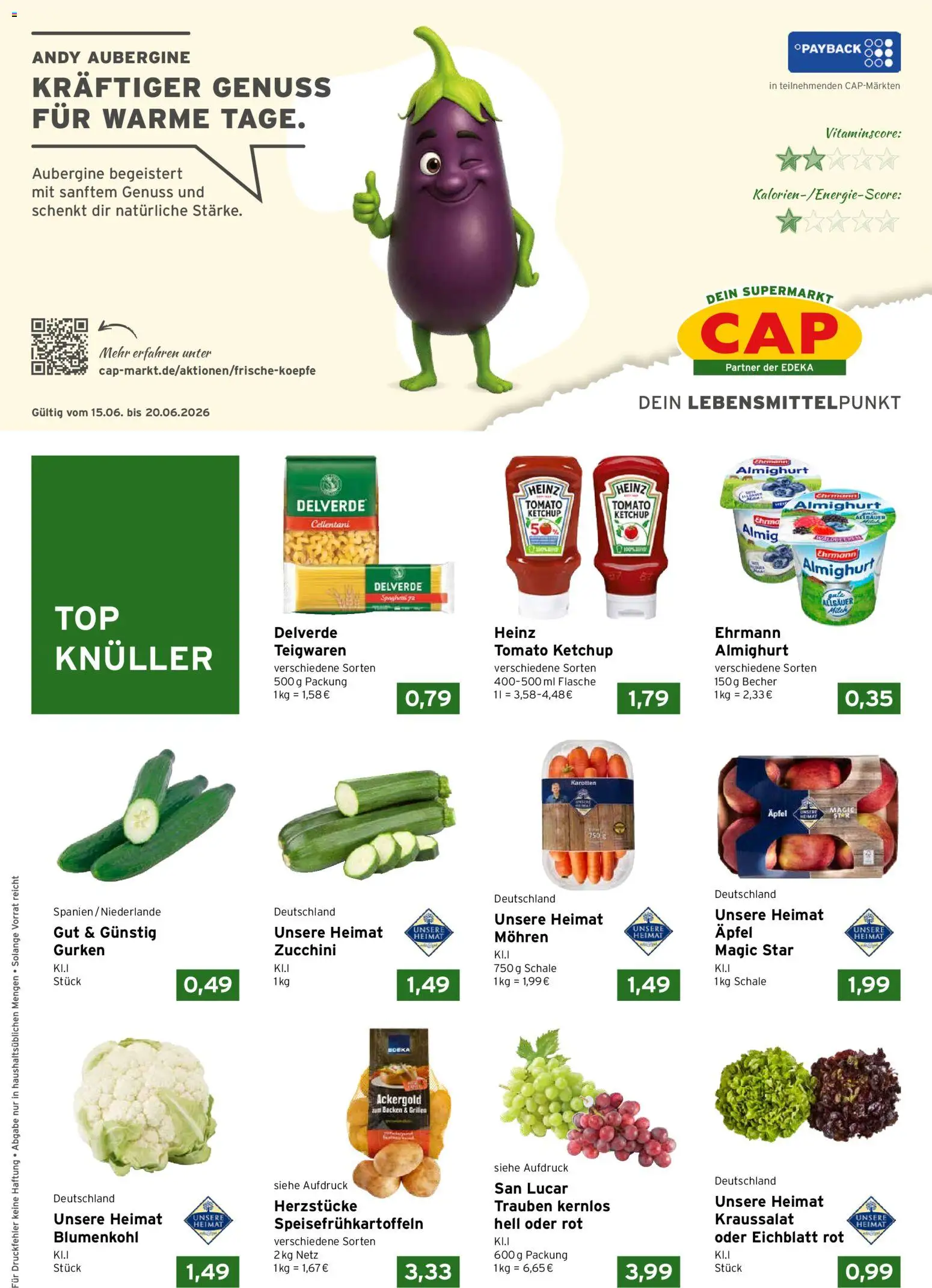 Vorschau von dem Prospekt des Geschäftes CAP Markt, gültig ab dem 15.06.2026 - Äpfel, Zucchini, Aubergine, Blumenkohl, Gurken, Ketchup, Mohren, Ehrmann almighurt