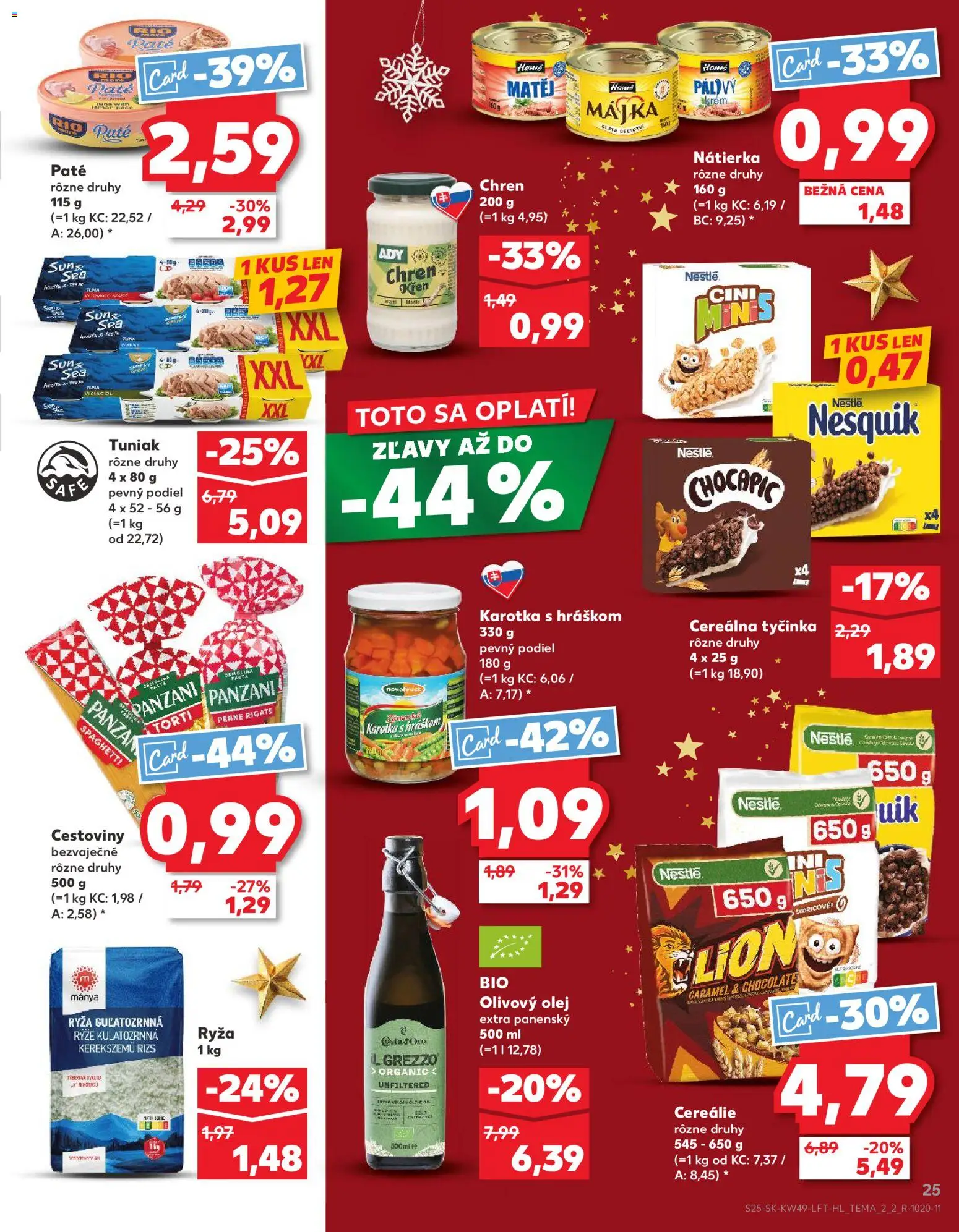 Náhľad Kaufland letáku platného od 04.12.2025 - Cestoviny, Olej, Tuniak, Olivový olej, Cini Minis, Nesquik, Nátierka, Chocapic