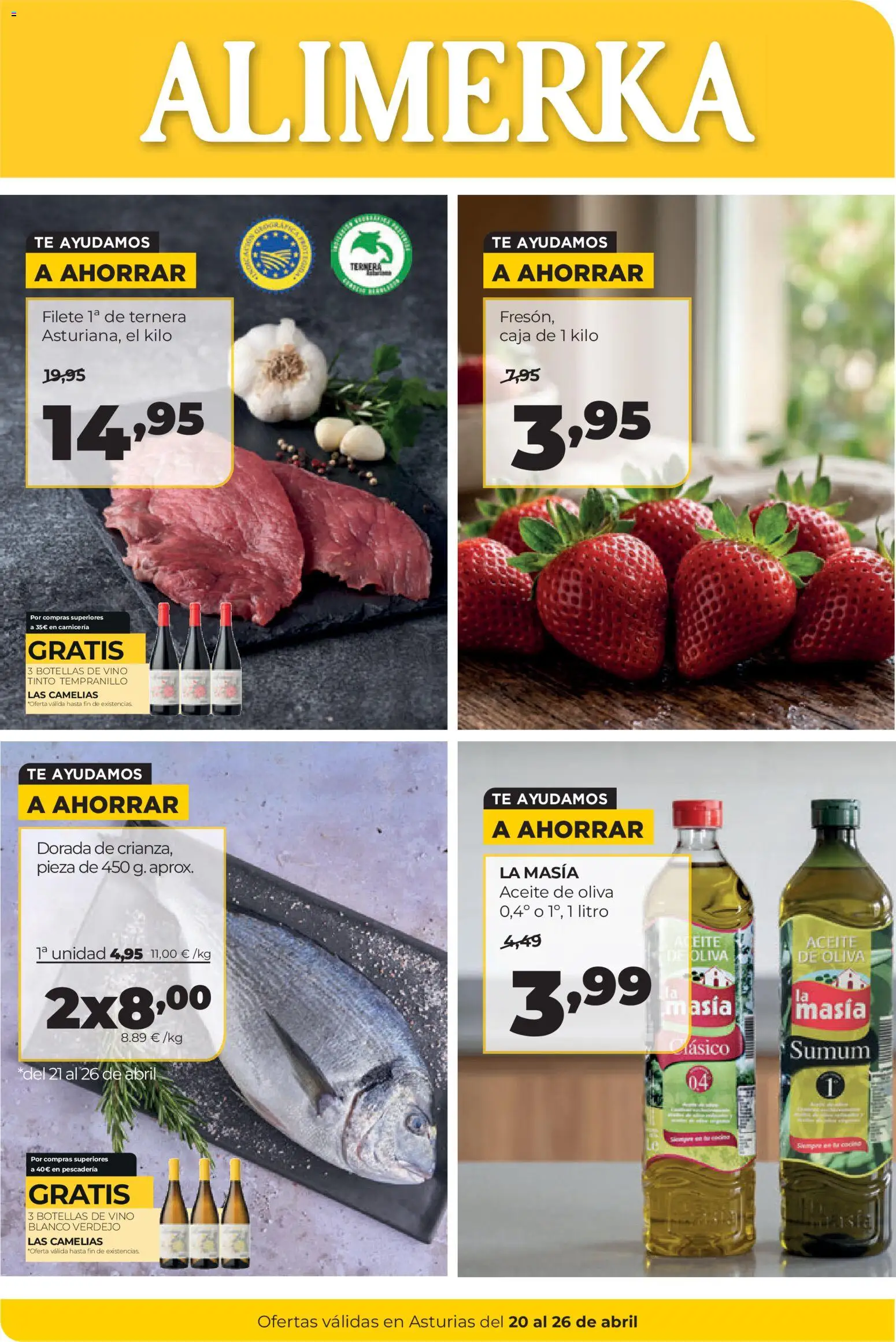 Vista previa del folleto de la tienda Alimerka válido desde el 20/04/2026 - Aceite de oliva, Té, Vino, Aceite, Vino tinto, Caja, Vino blanco, Filete