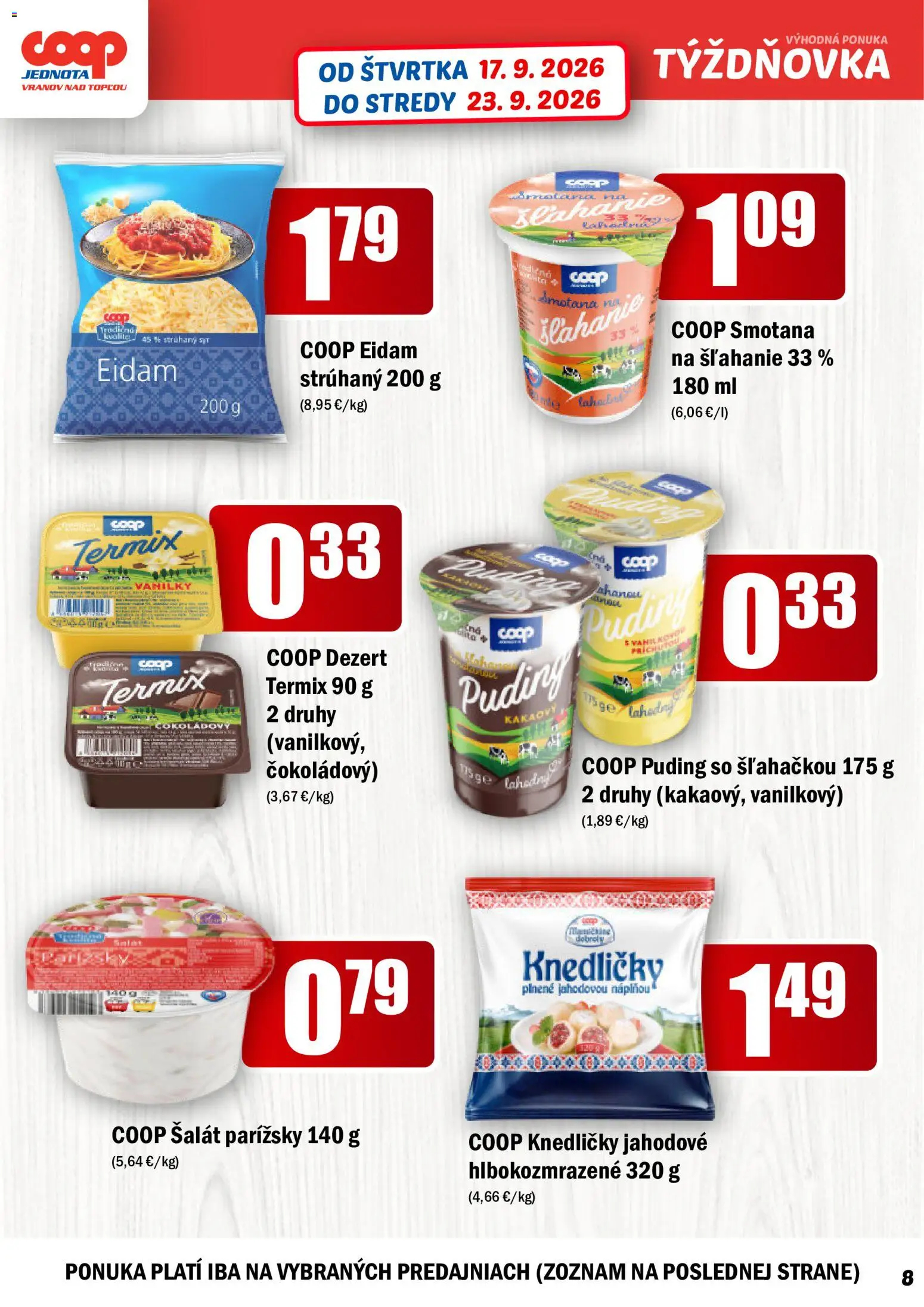 Náhľad COOP Jednota letáku platného od 17.09.2026 - Syr, Šalát, Puding, Dezert, Smotana, Termix, Eidam, Strúhaný syr