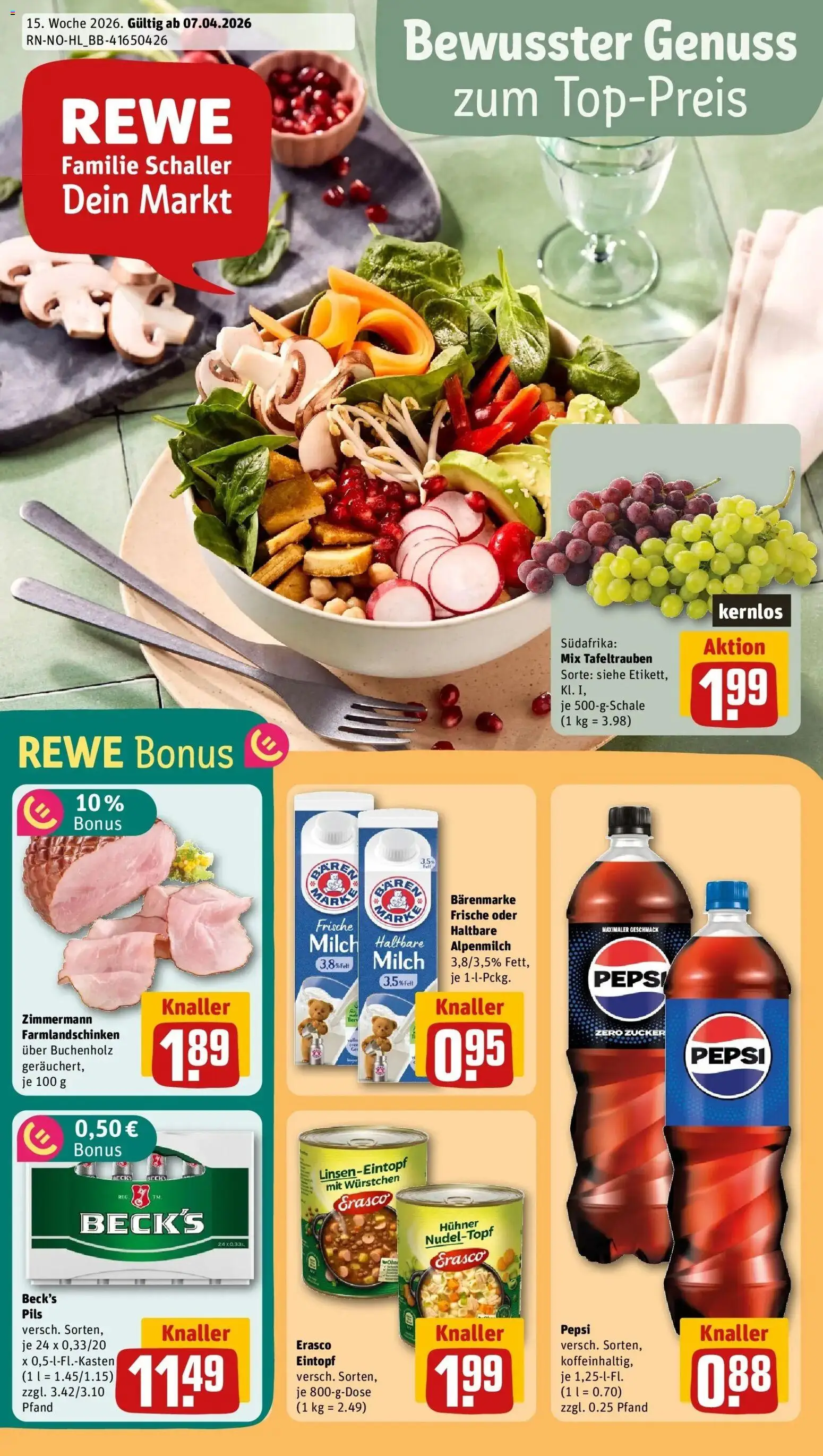 Vorschau von dem Prospekt des Geschäftes Rewe, gültig ab dem 05.04.2026 - Milch, Zucker, Pepsi, Pils, Erasco