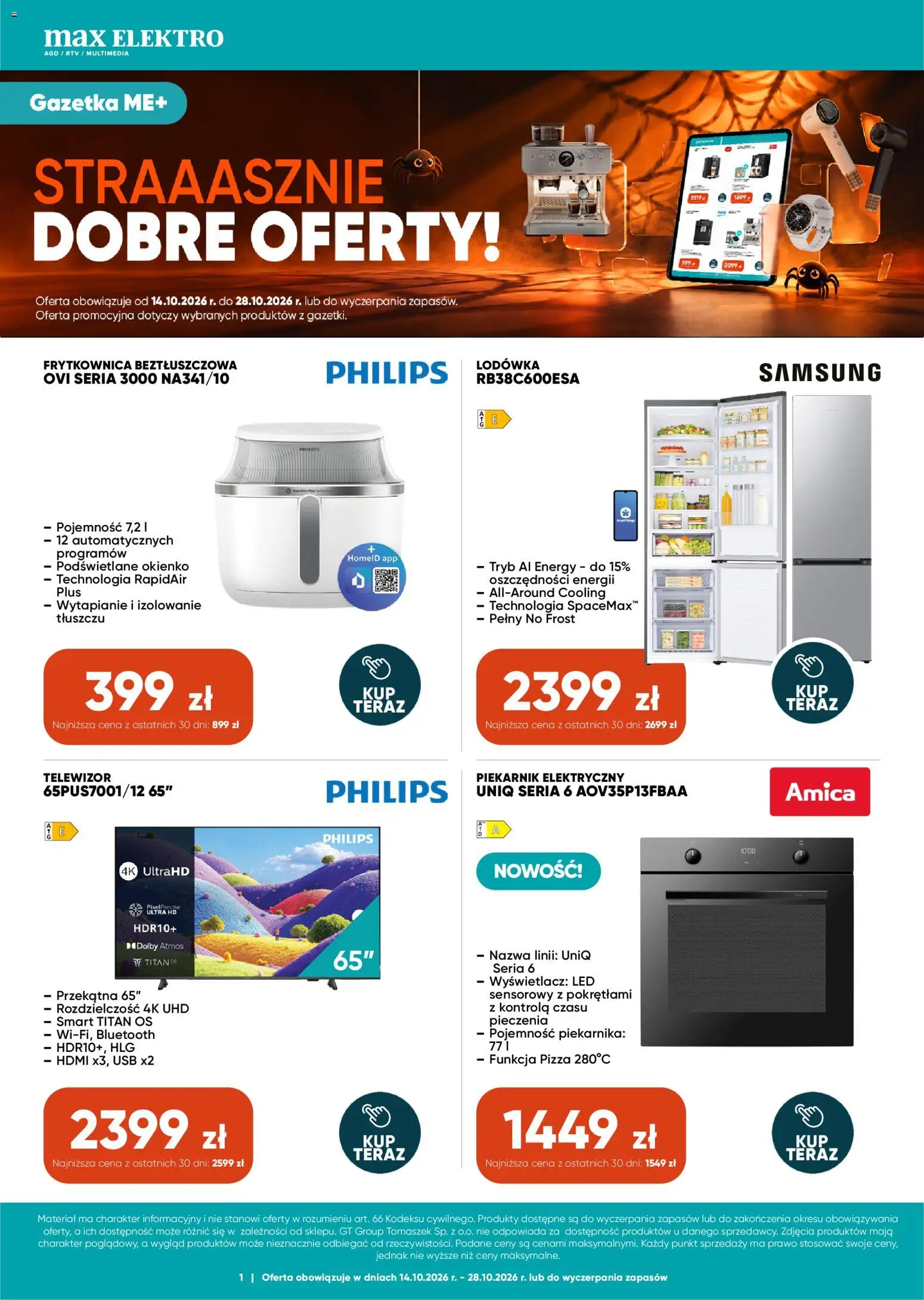 Pogląd gazetki "Max elektro gazetka" ze sklepu Max elektro ważnej od 14.10.2026 - Pizza, Frytkownica beztłuszczowa, Lodówka, Telewizor, Piekarnik, Frytkownica, USB