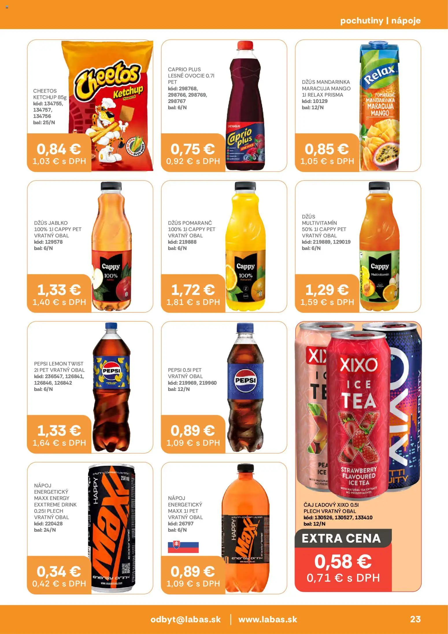 Náhľad Labaš letáku platného od 23.10.2026 - Mango, Ovocie, Čaj, Pepsi, Multivitamín, Džús, Ice Tea, Nápoje