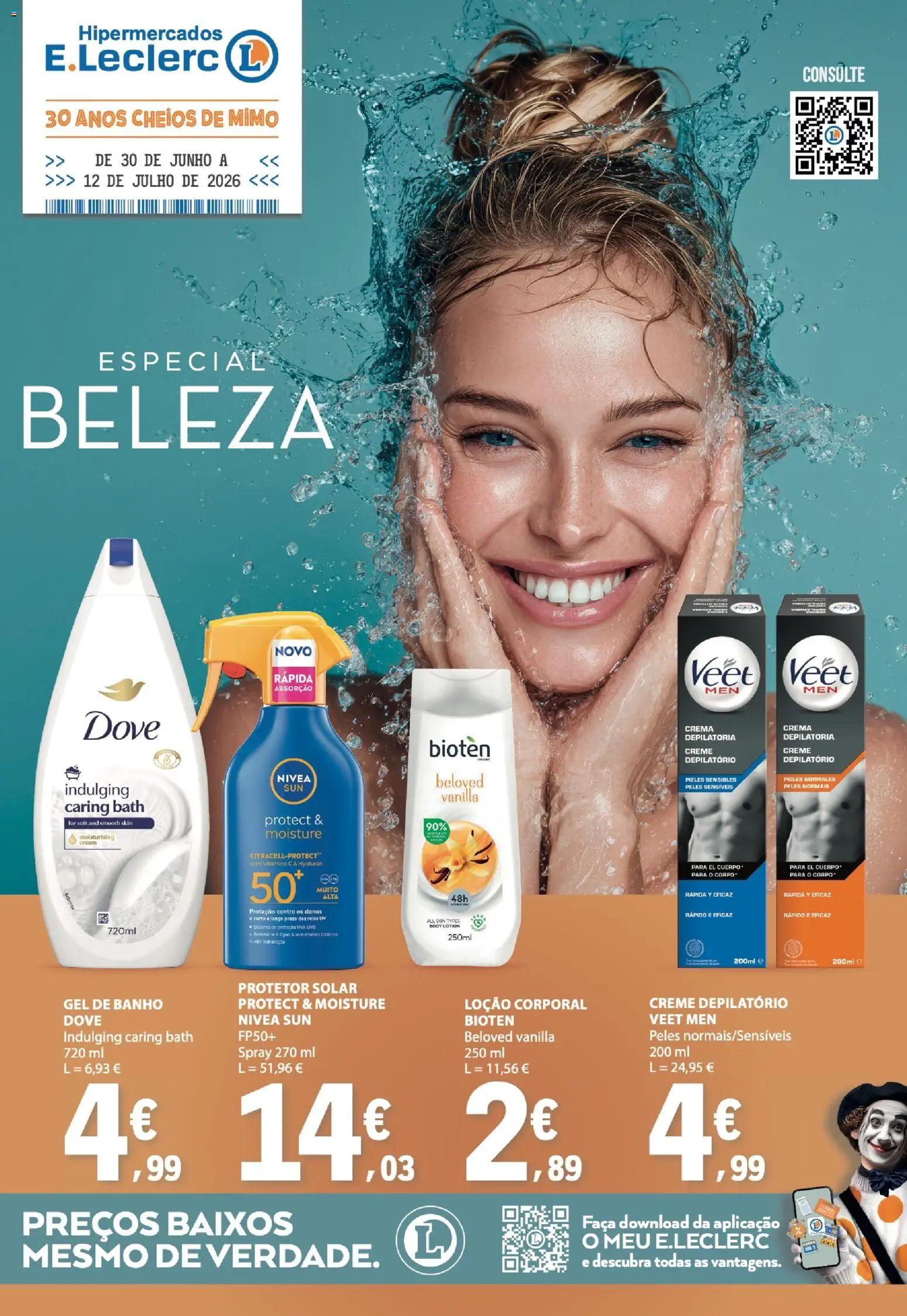 Pré-visualização do folheto da loja E.Leclerc válida a partir de 30/06/2026 - Banho, Protetor solar, Vitamina c, Creme, Creme depilatório, Gel de banho, Loção corporal, Faca