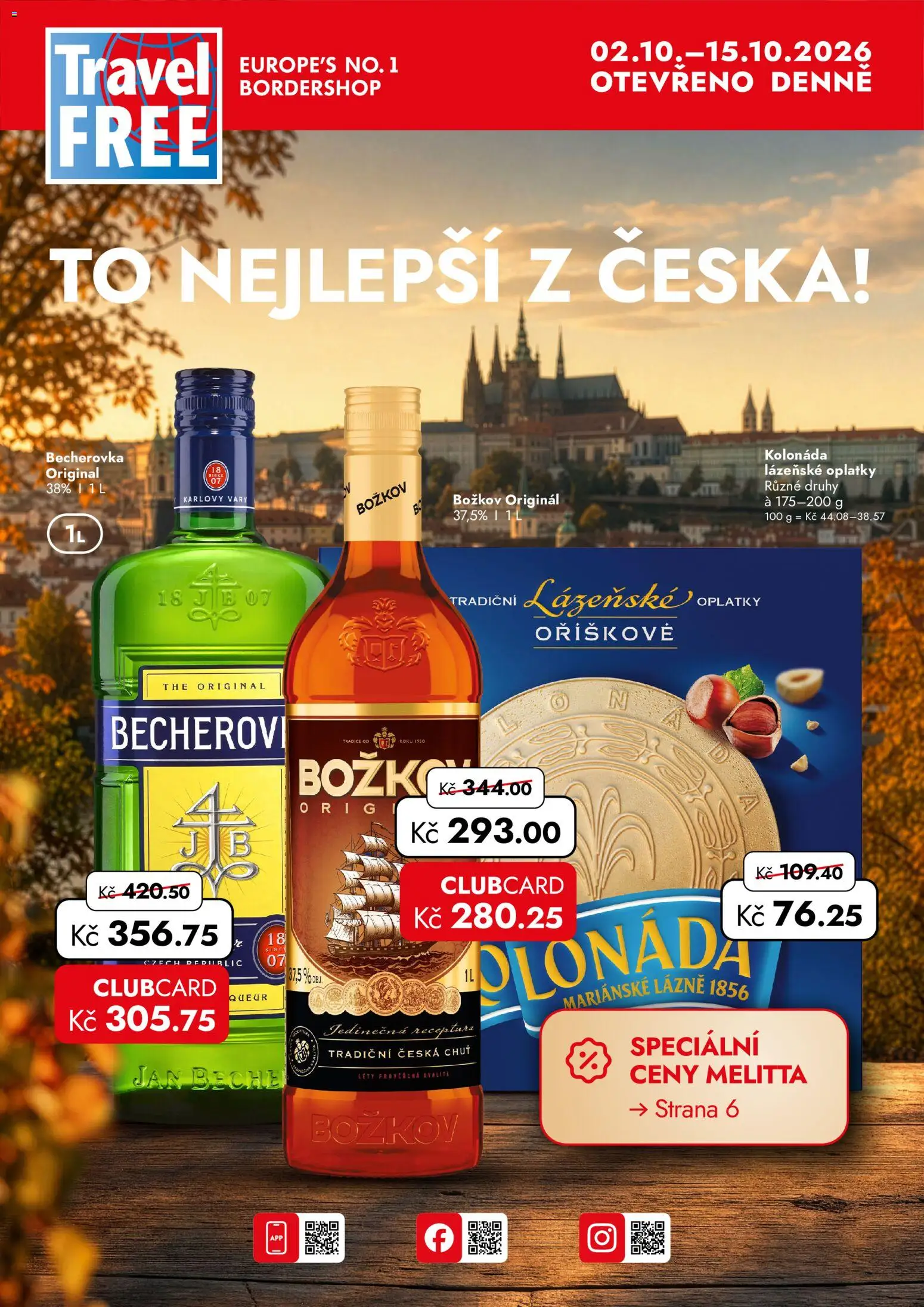 Náhled nabídky: Travel Free Travel Free leták platný od 02.10.2026 - Becherovka, Božkov, Lázeňské oplatky, Oplatky, Božkov originál