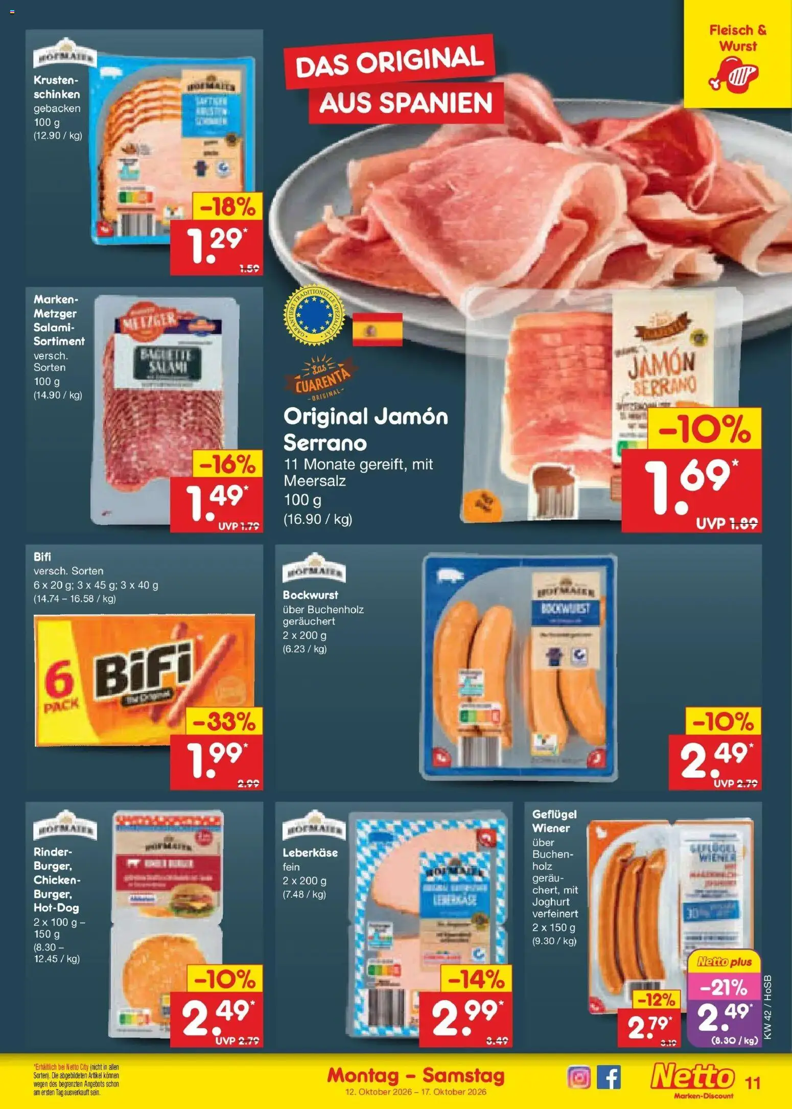 Vorschau von dem Prospekt des Geschäftes Netto Marken-Discount, gültig ab dem 12.10.2026 - Burger, Wurst, Baguette, Fleisch, Salami, Schinken, Bifi, Leberkase