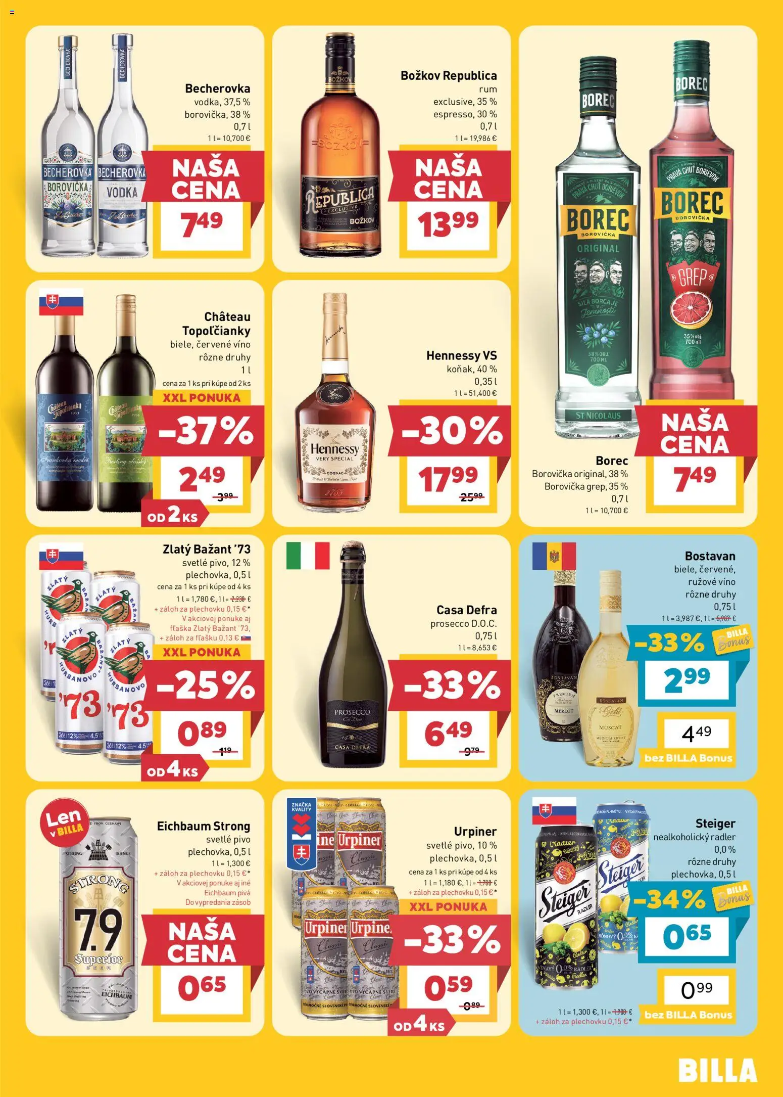 Náhľad Billa letáku platného od 07.10.2026 - Víno, Rum, Vodka, Červené víno, Radler, Zlatý Bažant, Božkov, Republica