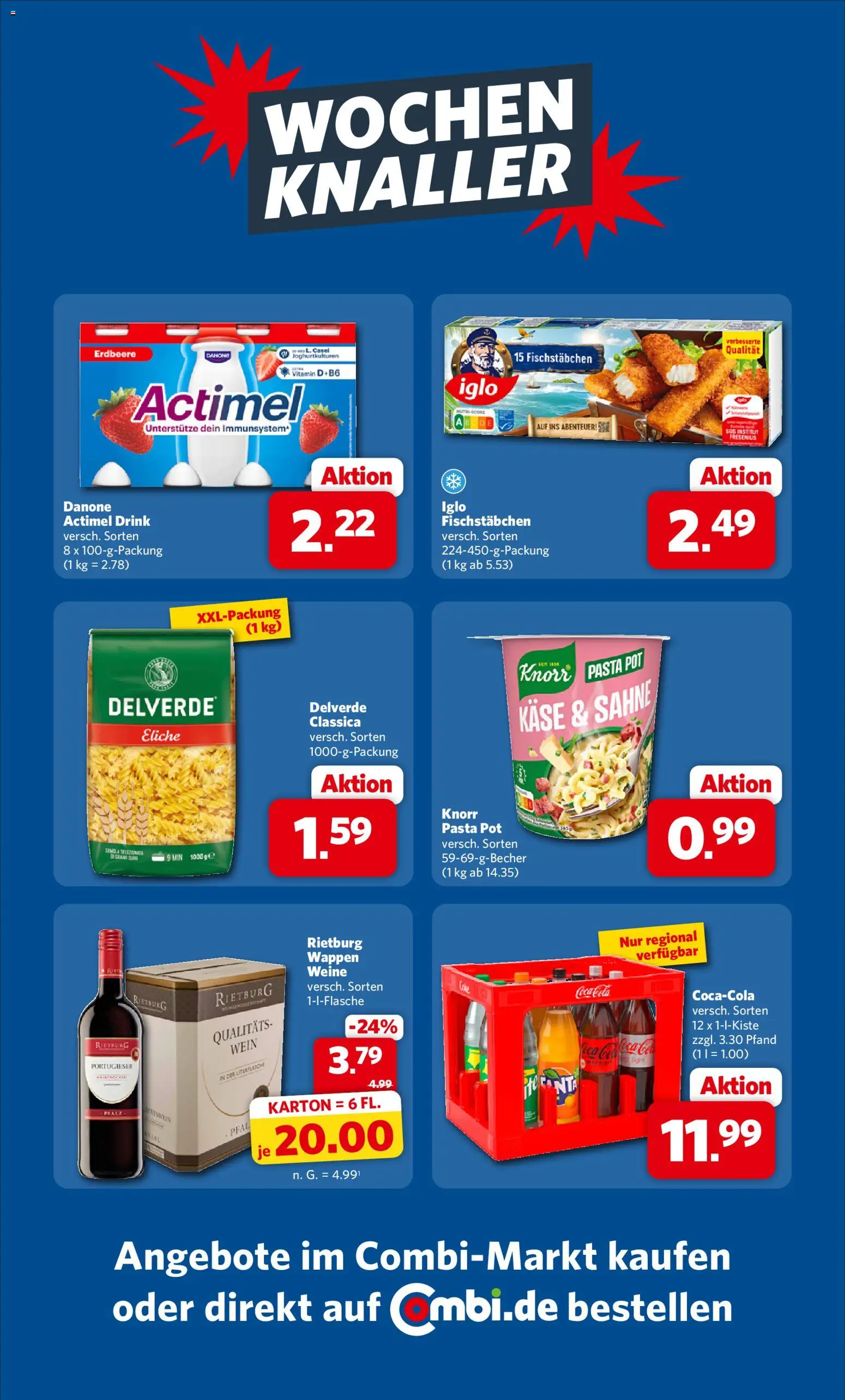 Vorschau von dem Prospekt des Geschäftes Combi, gültig ab dem 26.10.2026 - Käse, Coca cola, Wein, Cola, Sahne, Actimel, Knorr, Fischstabchen