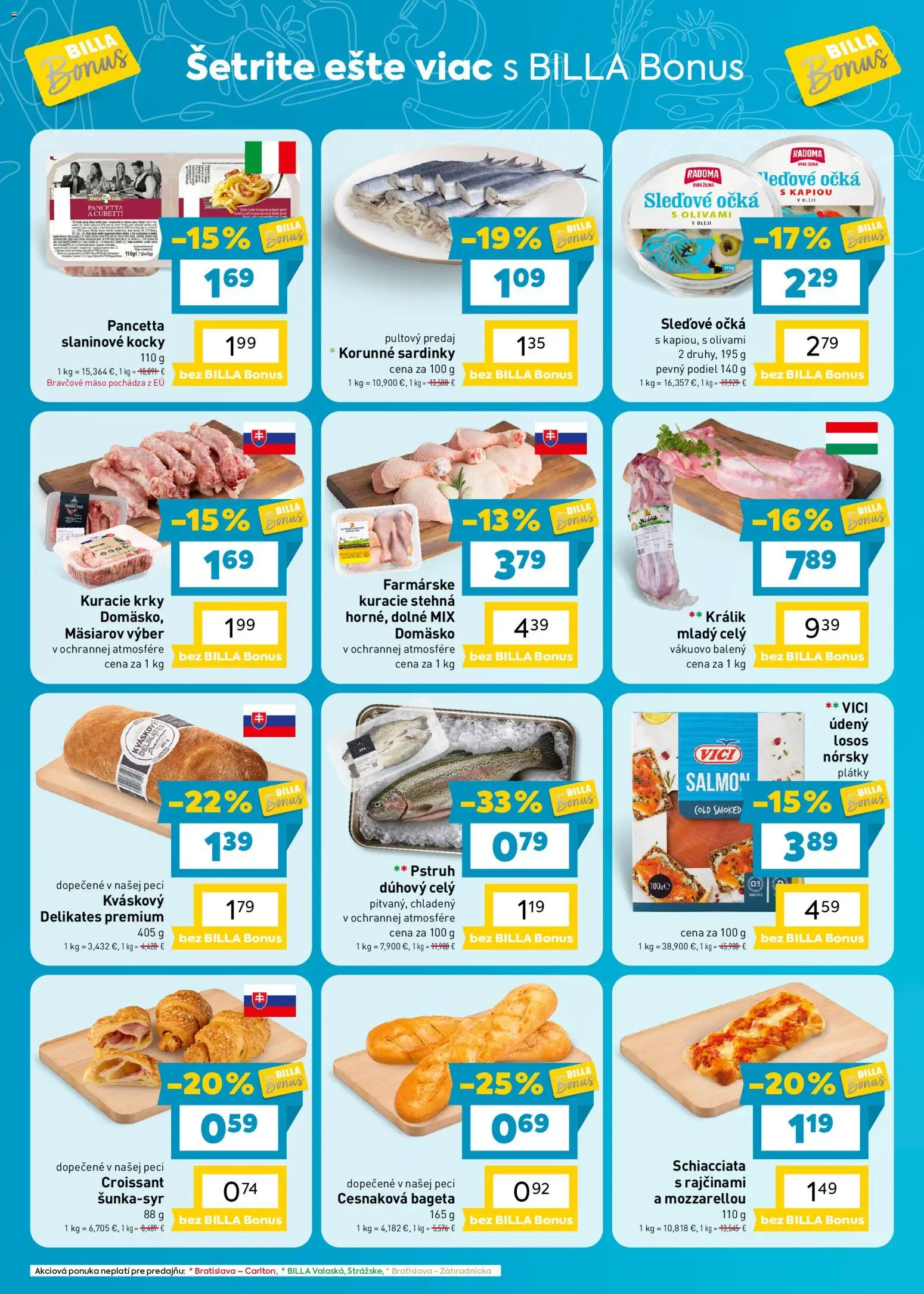 Náhľad Billa letáku platného od 07.10.2026 - Mäso, Croissant, Pancetta, Pstruh, Králik, Bravčové mäso, Sardinky, Stehná