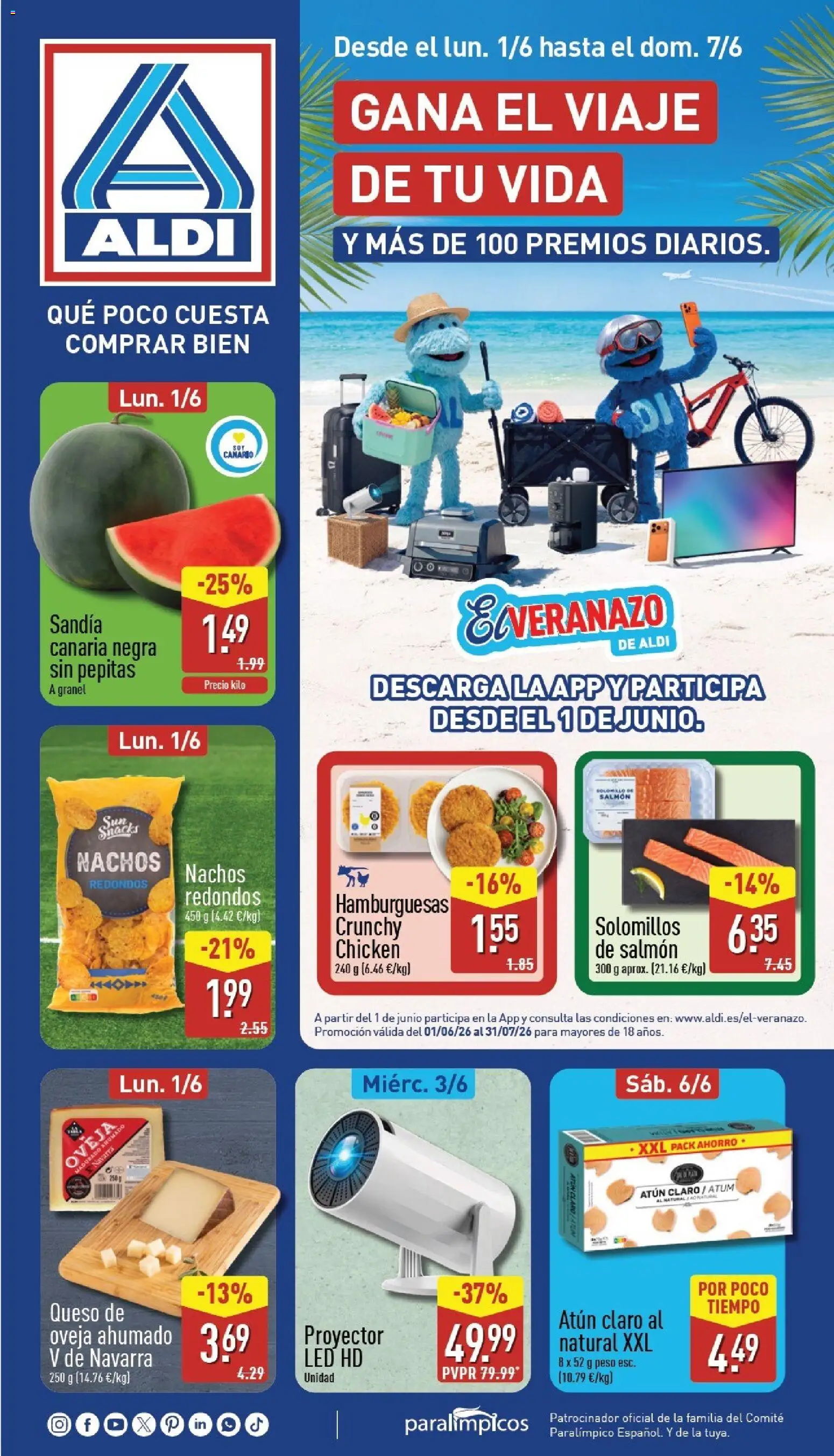 Vista previa del folleto de la tienda Aldi válido desde el 01/06/2026 - Nachos, Atún, Sandía, Snacks, Peso, Salmón, Queso de oveja, Atún claro