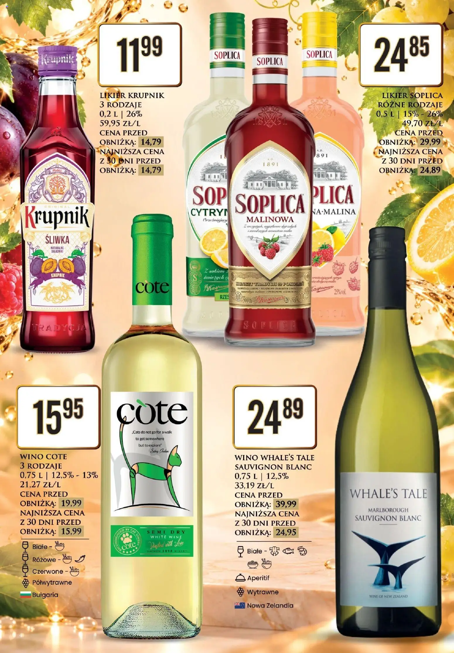 Pogląd gazetki "Dino gazetka alkoholowa" ze sklepu Dino ważnej od 23.10.2026 - Krupnik, Wino, Soplica, Malina, Aperitif, Sauvignon Blanc, Wino Cote
