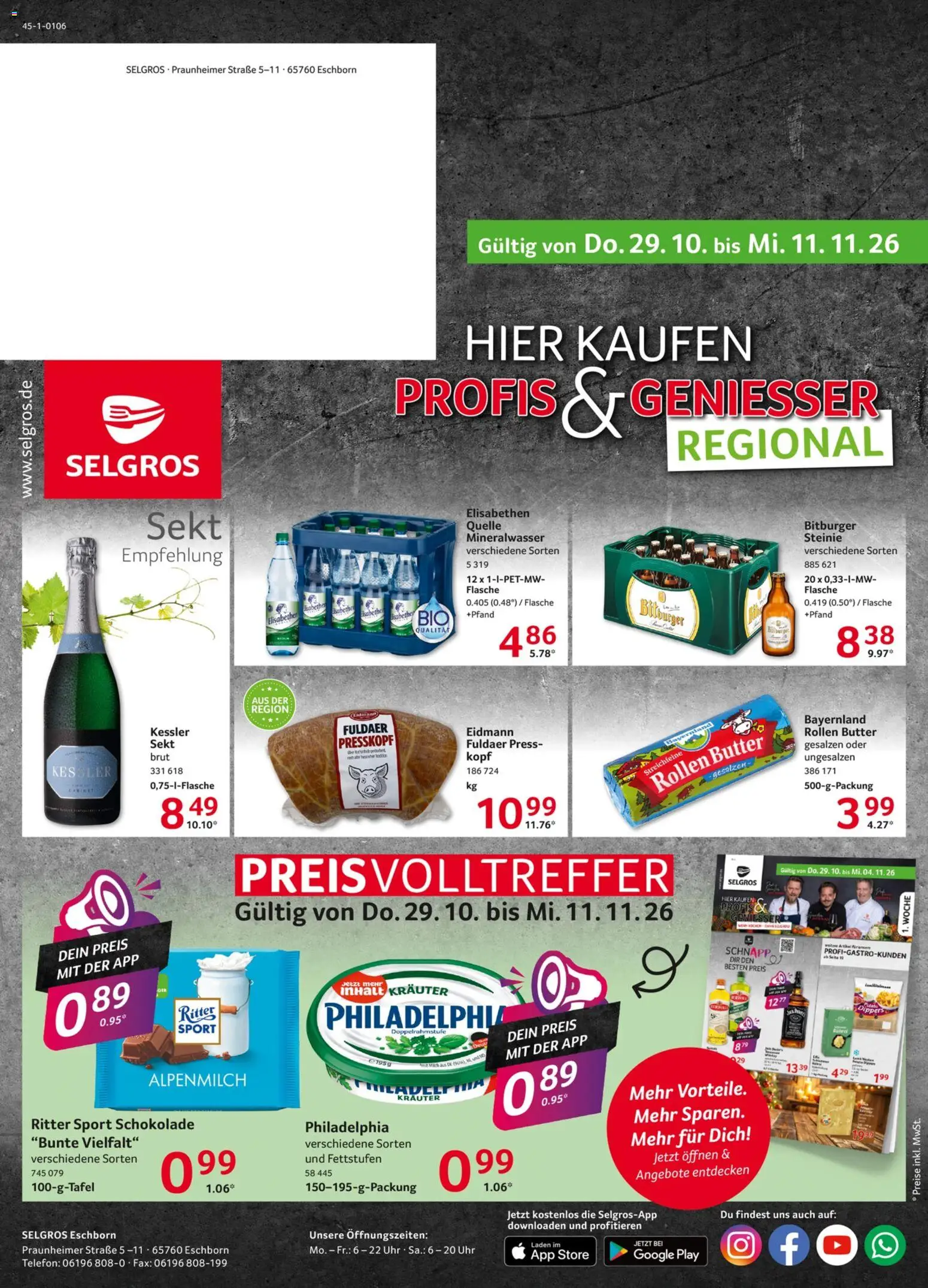 Vorschau von dem Prospekt des Geschäftes Selgros, gültig ab dem 29.10.2026 - Uhr, Telefon, Butter, Philadelphia, Mineralwasser, Ritter sport, Sekt, Bitburger