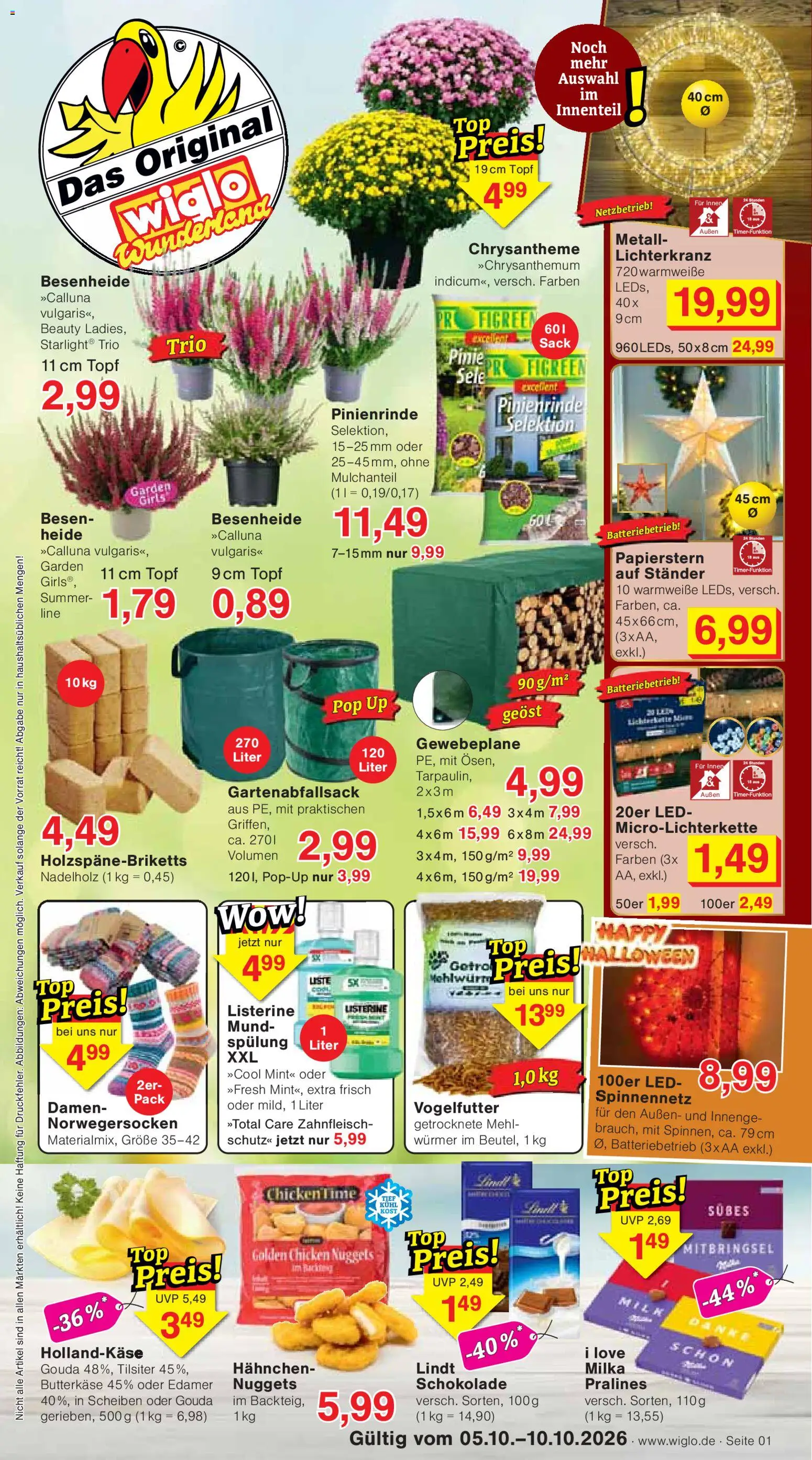 Vorschau von dem Prospekt des Geschäftes Wiglo Wunderland, gültig ab dem 05.10.2026 - Schokolade, Lindt, Milka, Mehl, Gouda, Listerine, Spülung, Hahnchen