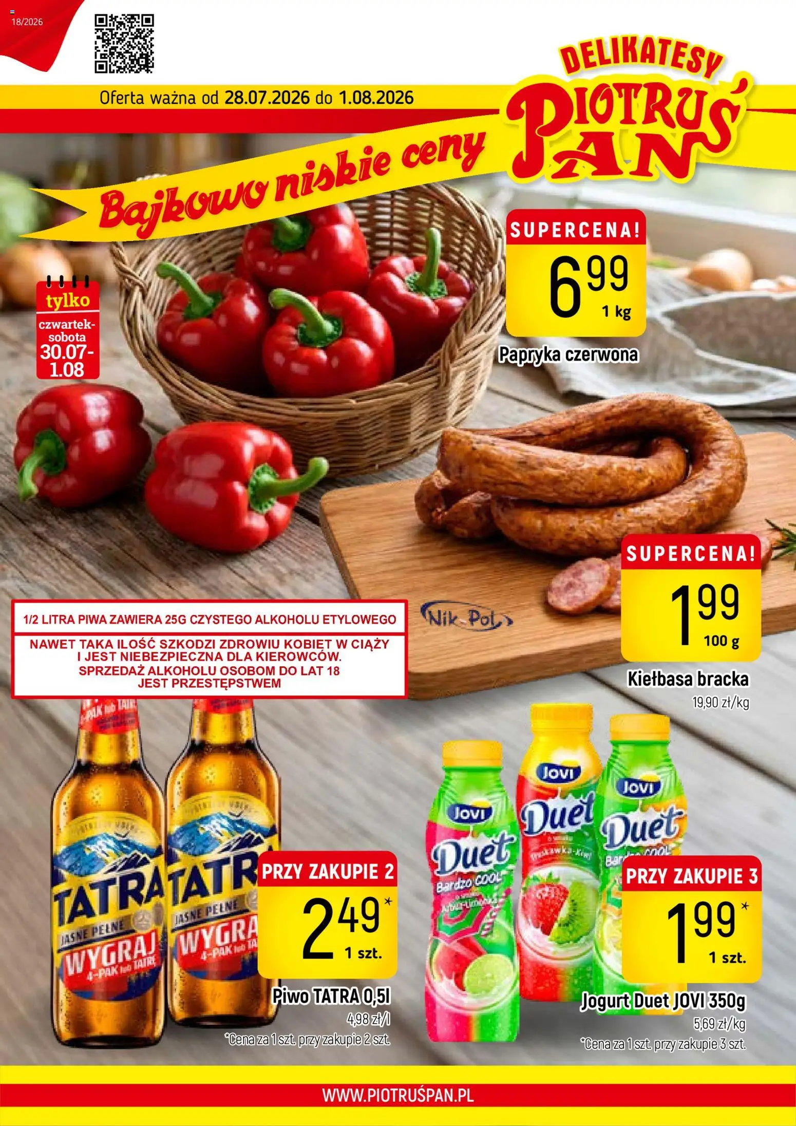 Pogląd gazetki "Piotruś Pan gazetka" ze sklepu Piotruś Pan ważnej od 28.07.2026 - Delikatesy, Piwo, Kiełbasa, Papryka, Jogurt, Papryka czerwona