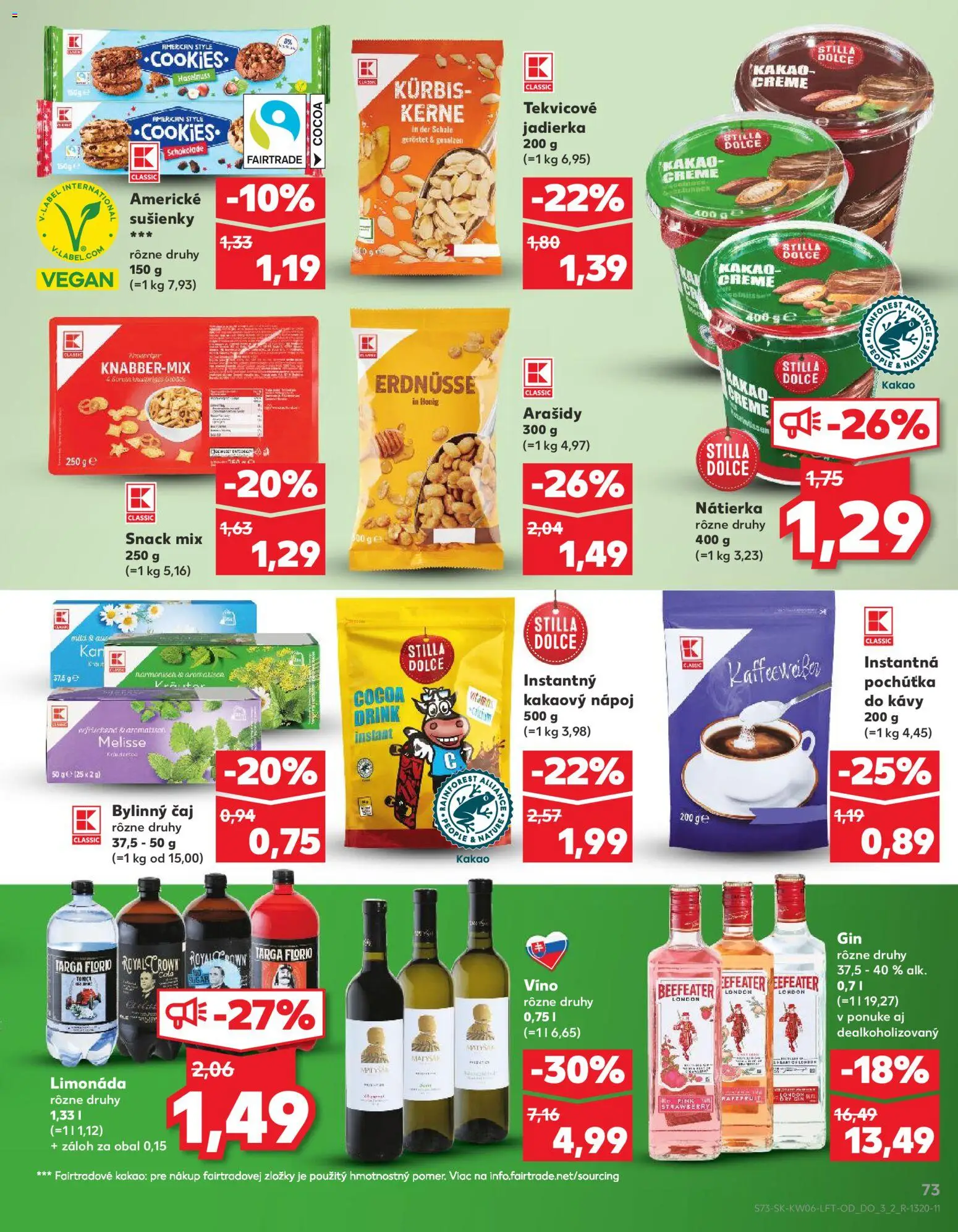Náhľad Kaufland letáku platného od 05.02.2026 - Gin, Čaj, Beefeater, Arašidy, Nátierka, Sušienky, Limonáda, Bylinný čaj