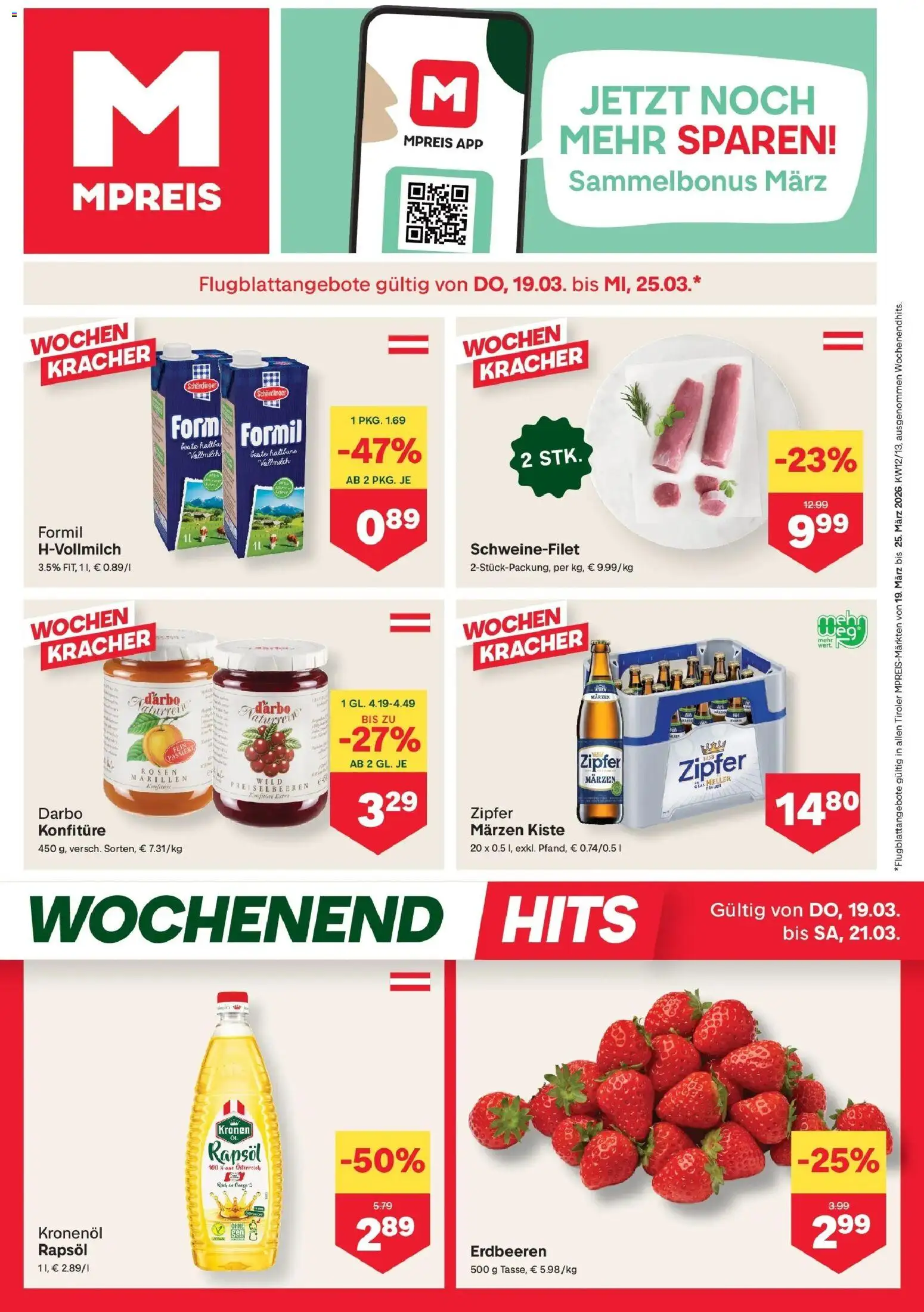 Vorschau der Angebote: MPREIS MPREIS Pfunds gültig ab 19.03.2026 - Erdbeeren, Rapsöl, Vollmilch