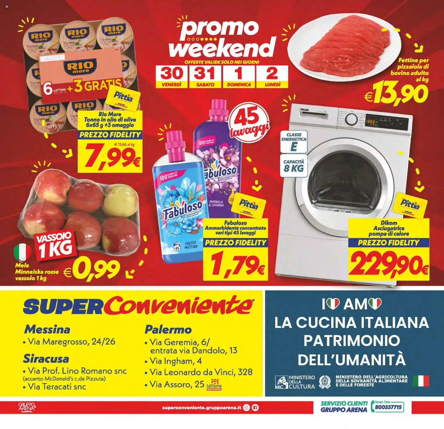 Anteprima dell'opuscolo SuperConveniente volantino Messina, Siracusa, Palermo dal negozio SuperConveniente valido da 23/10/2026 - Asciugatrice, Olio di Oliva, Tonno, Lavanda, Bovino, Mele, Ammorbidente, Vassoio