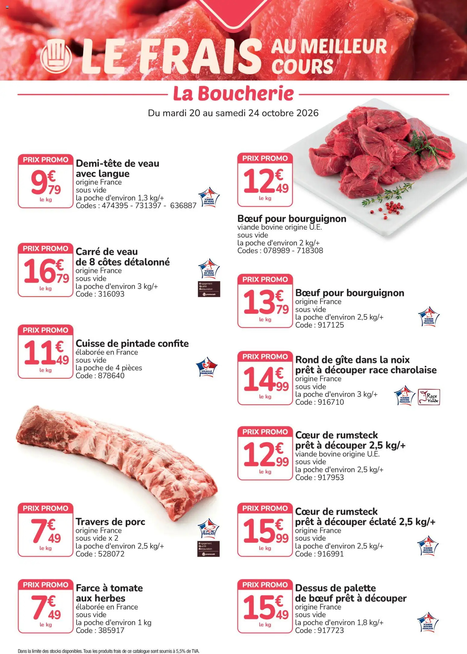 Prévisualisation de Promocash Meilleur cours du magasin Promocash formulaire valide 20/10/2026 - Tomate, Pintade, Noix, Viande, Travers de porc, Volaille, Porc, Cuisse