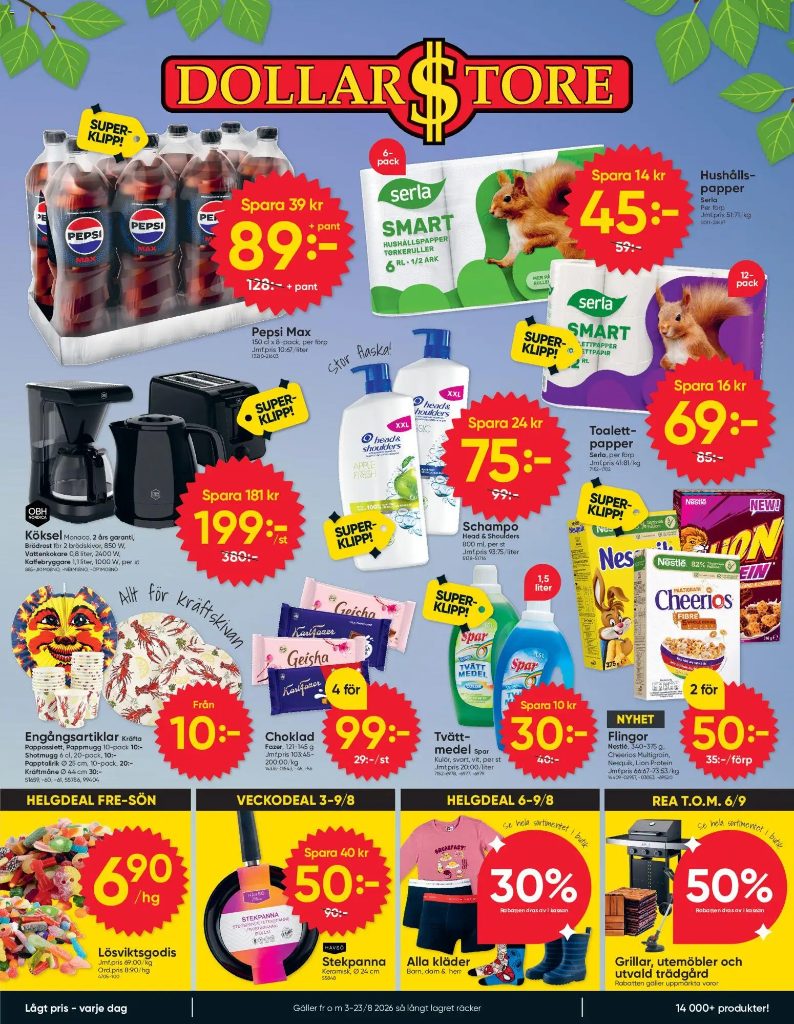 Förhandsgranska reklamblad Dollar Store erbjudanden från butik Dollar Store gäller från 03/08/2026 - Kaffebryggare, Toalett, Brödrost, Stekpanna, Pepsi Max, Galler, Ark, Head & Shoulders