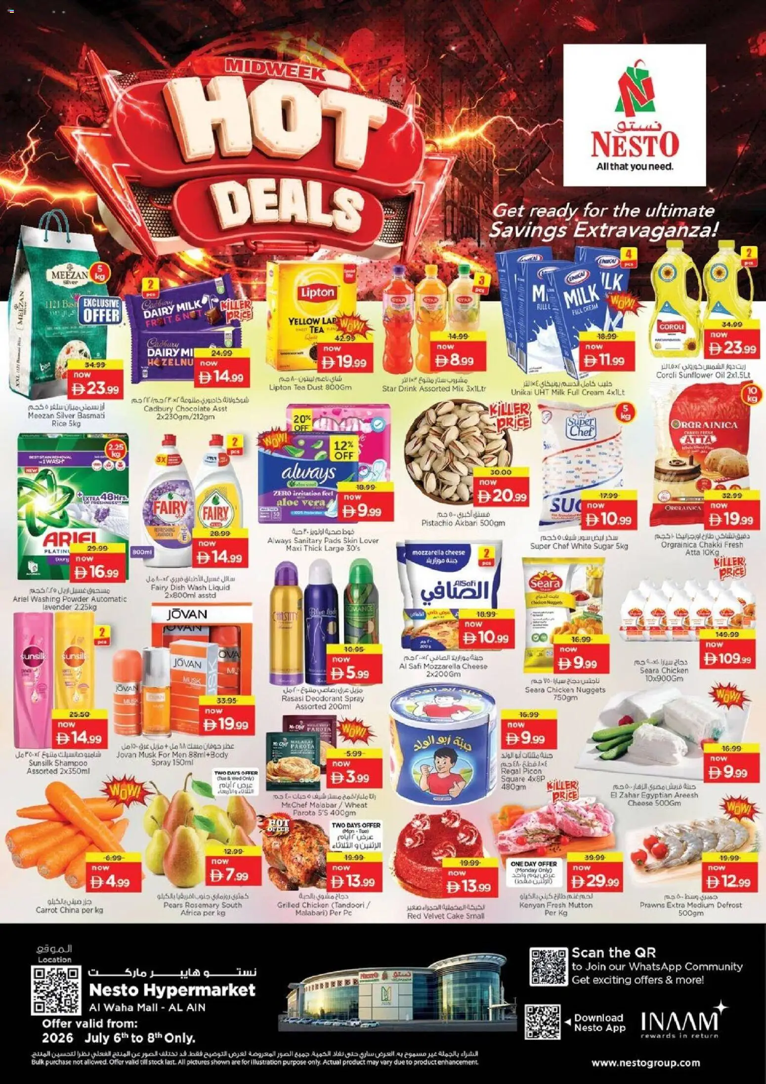 Preview of the catalogue Nesto catalogue hot deals AL AIN of store Nesto valid from 6 Jul, 2026 - Milk, Rice, Sugar, Pears, Cream, Deodorant, Pads, Powder