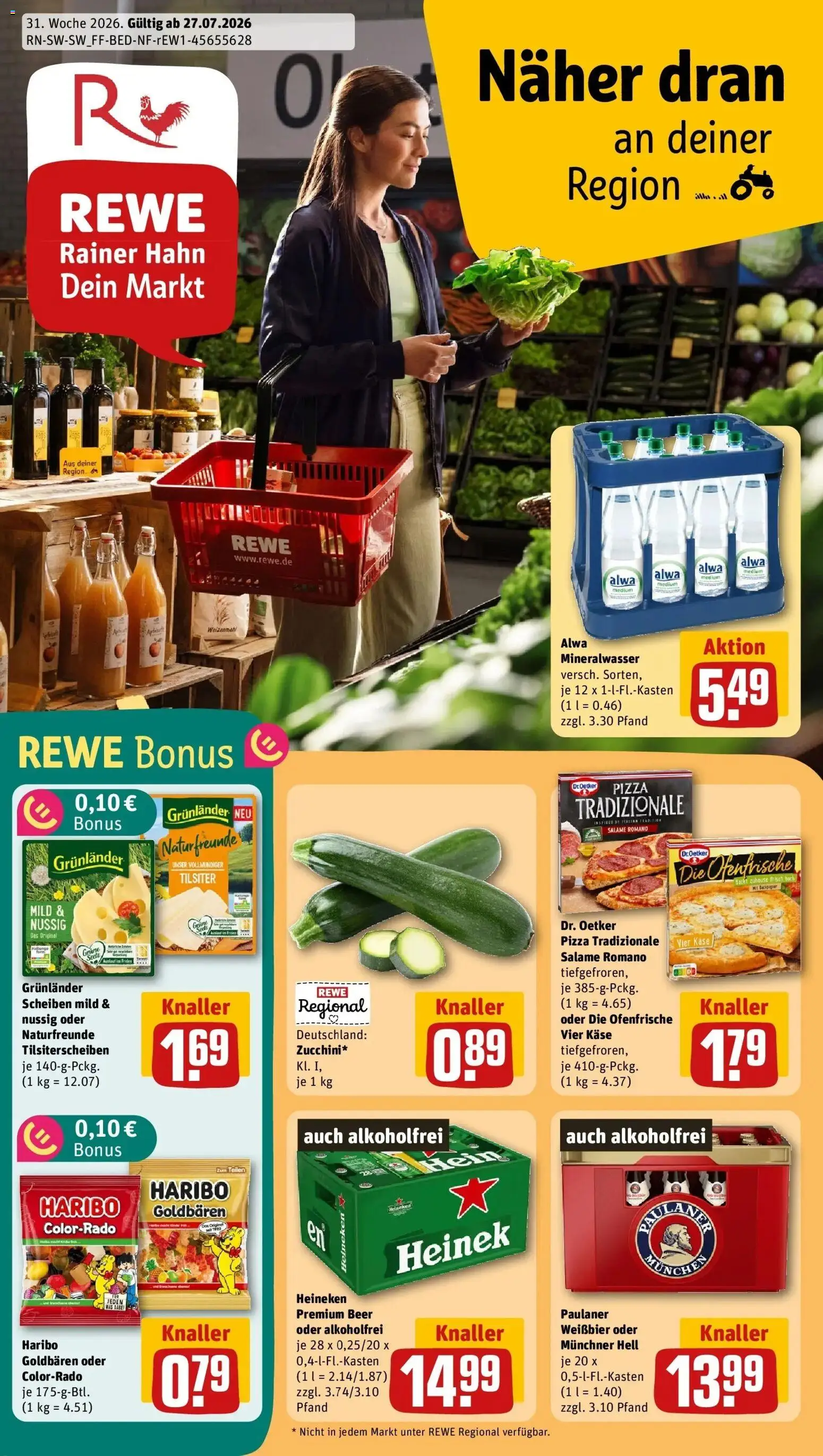 Vorschau von dem Prospekt des Geschäftes Rewe, gültig ab dem 27.07.2026 - Pizza, Käse, Haribo, Mineralwasser, Heineken, Paulaner, Weizenmehl, Weißbier