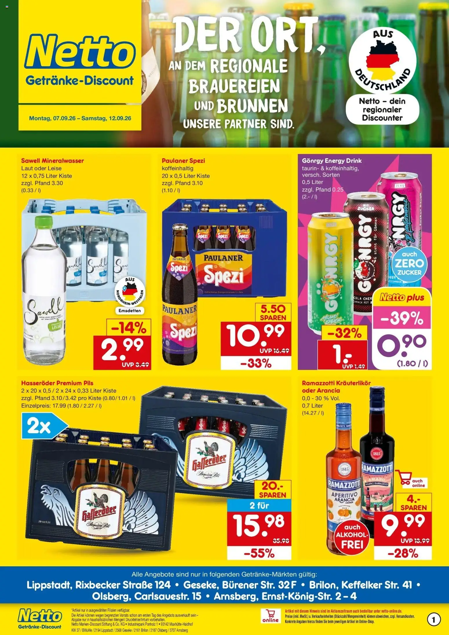 Vorschau von dem Prospekt des Geschäftes Netto Marken-Discount, gültig ab dem 07.09.2026 - Cola, Alkohol, Ramazzotti, Paulaner spezi, Zucker, Energy, Rama, Hasseröder
