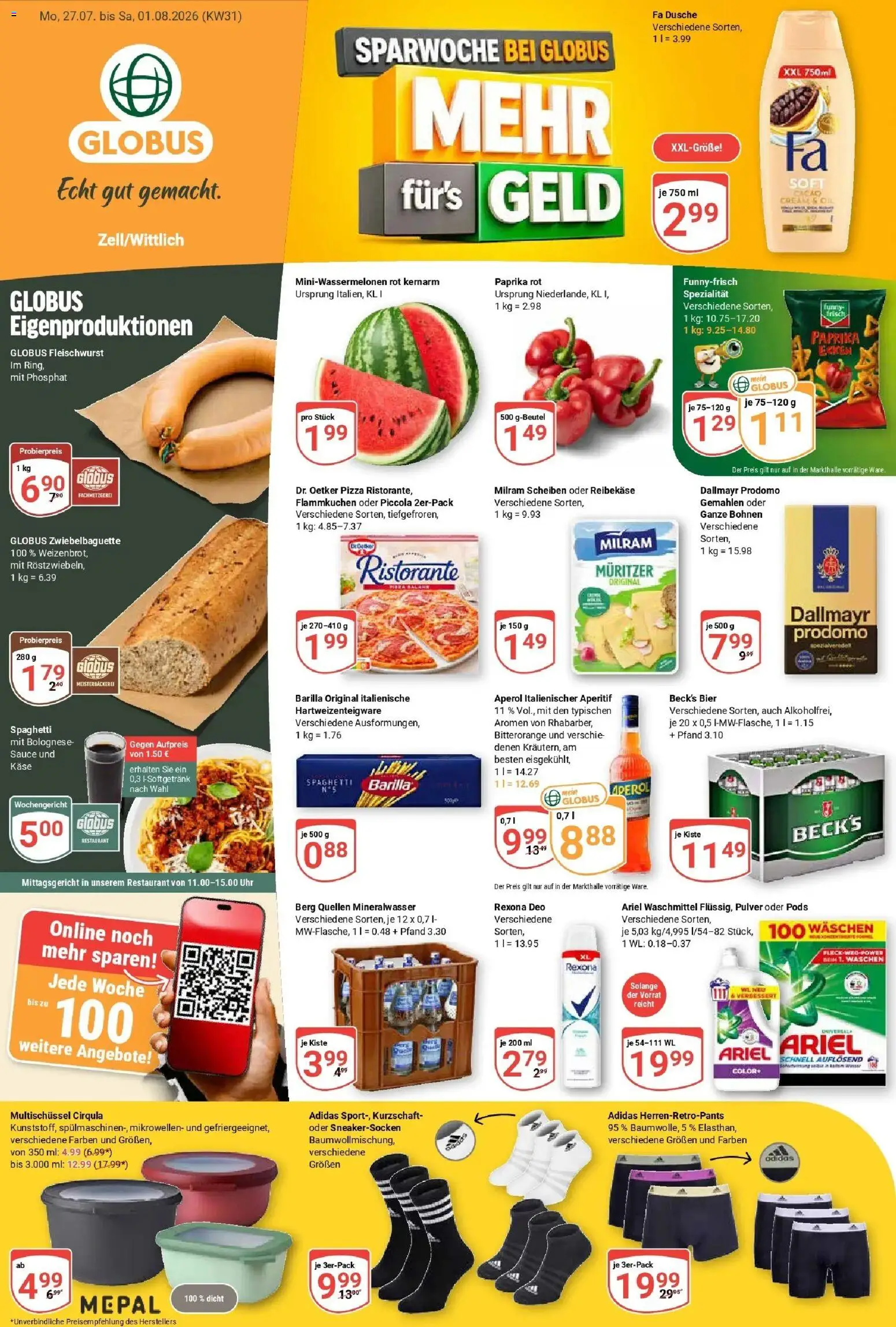 Vorschau von dem Prospekt des Geschäftes Globus, gültig ab dem 27.07.2026 - Pizza, Uhr, Bier, Aperol, Dusche, Ariel, Waschmittel, Paprika rot