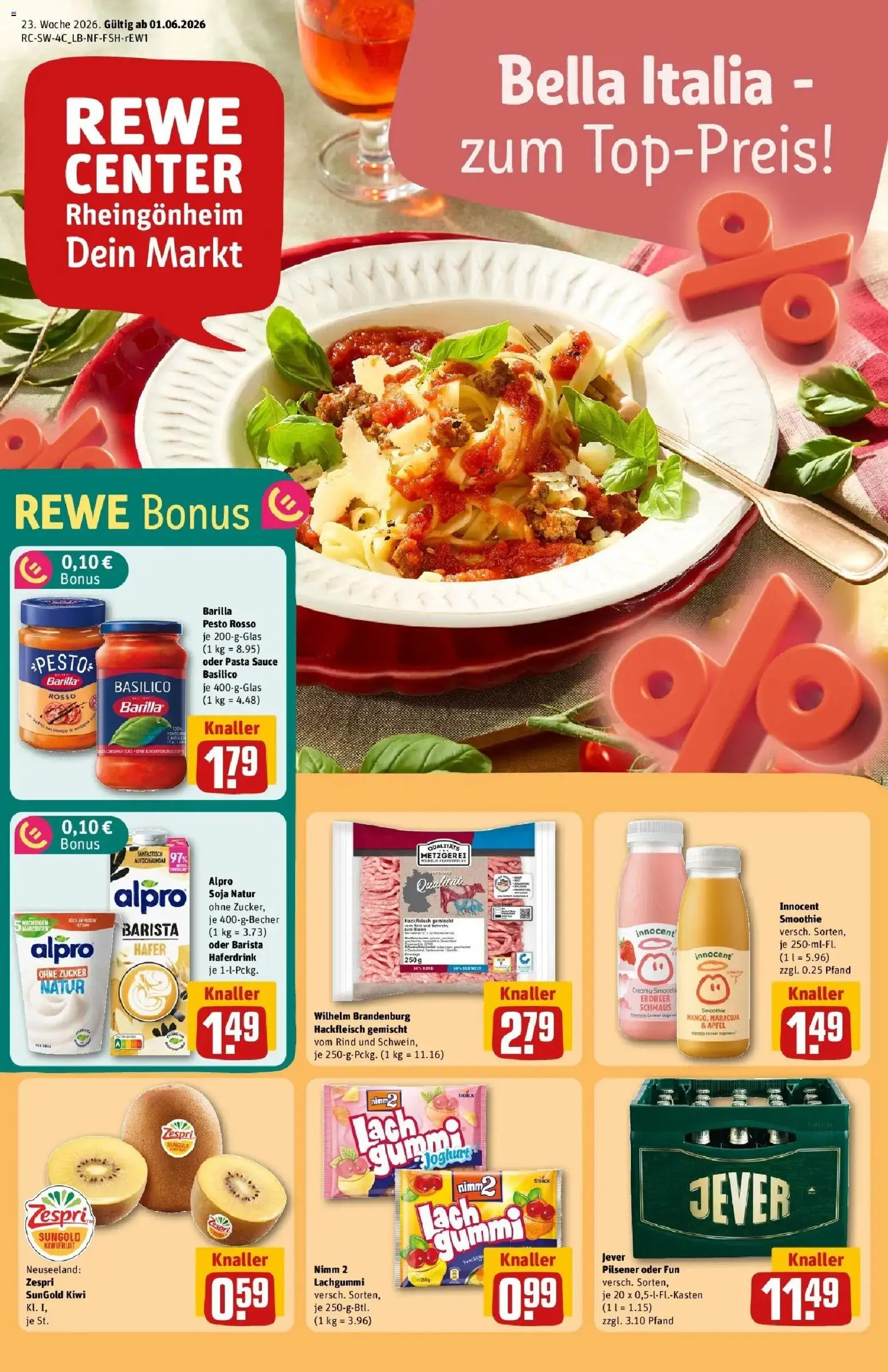 Vorschau von dem Prospekt des Geschäftes Rewe, gültig ab dem 01.06.2026 - Pasta, Kiwi, Joghurt, Jever, Zucker, Barilla, Barilla pesto, Haferdrink