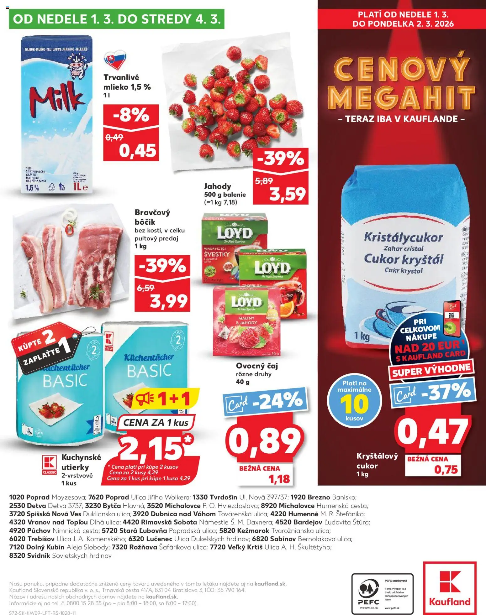 Náhľad Kaufland letáku platného od 26.02.2026 - Čaj, Jahody, Cukor, Kuchynské utierky, Bôčik, Bravčový bôčik, Utierky, Trvanlivé mlieko