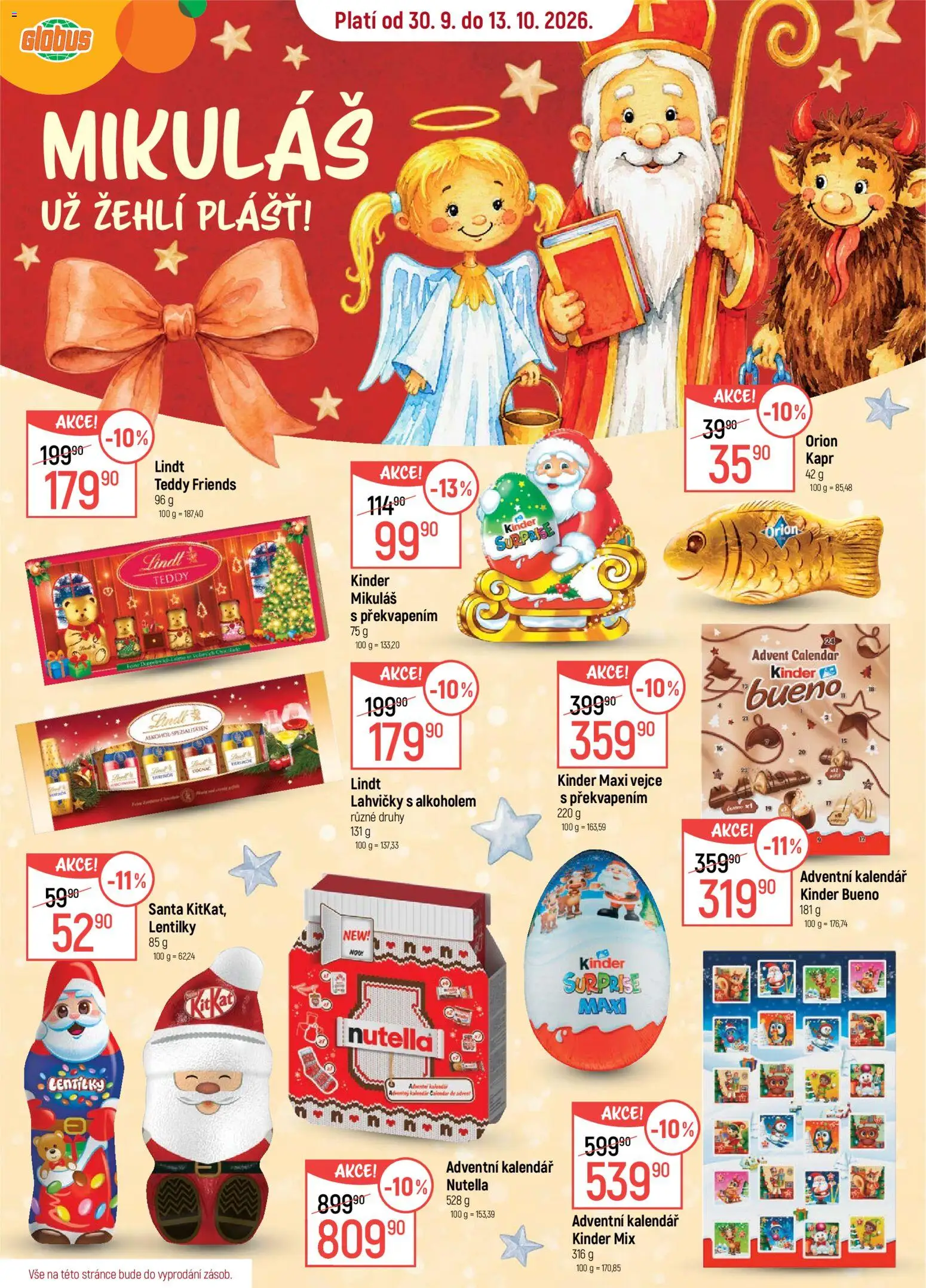 Náhled nabídky: Globus Globus leták - Mikuláš platný od 30.09.2026 - Globus, Kalendář, Adventní kalendář, Vejce, Lindt, Nutella, Kinder, Kinder Bueno