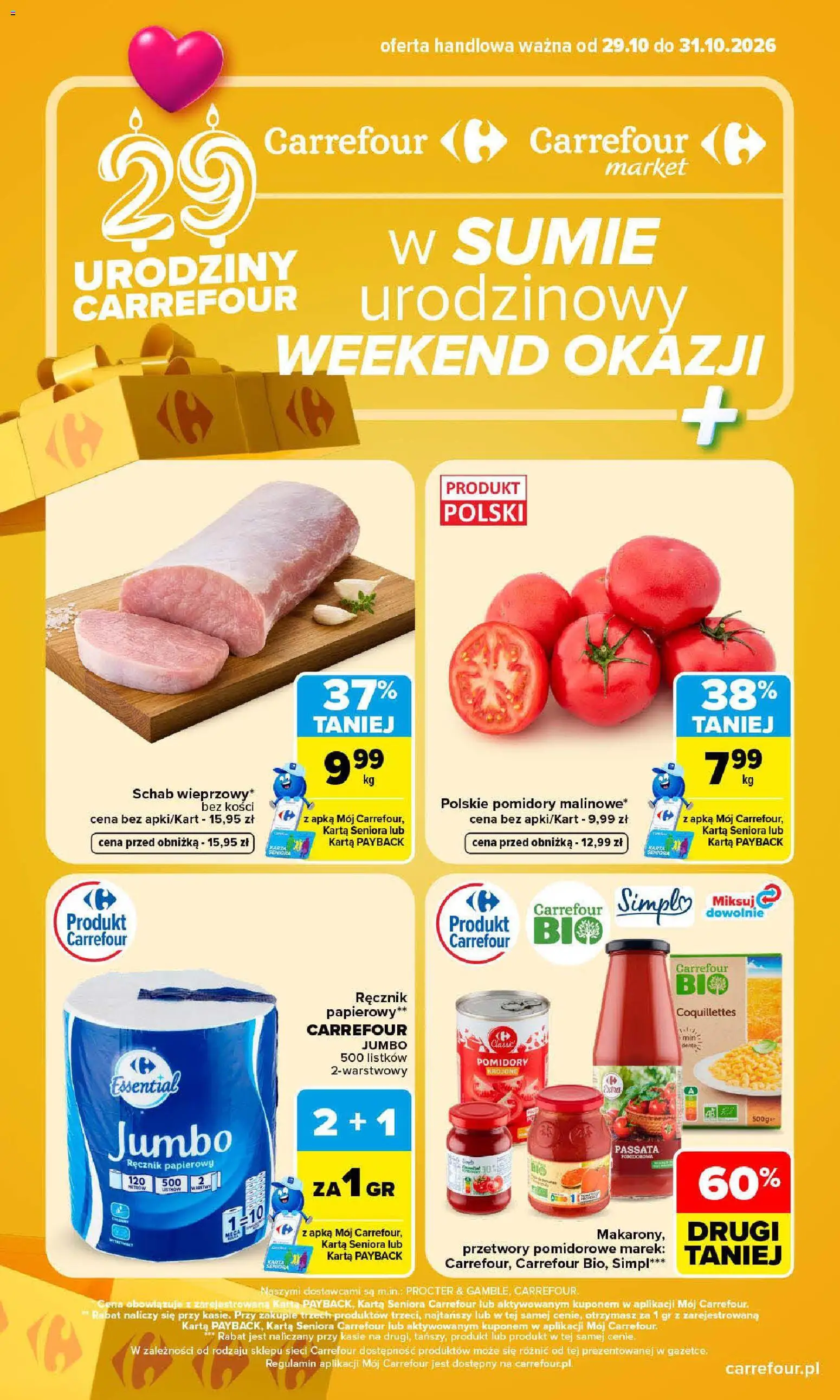 Pogląd gazetki "Carrefour gazetka - Weekend okazji" ze sklepu Carrefour ważnej od 29.10.2026 - Schab, Karta, Pomidory, Passata, Ręcznik papierowy, Przetwory