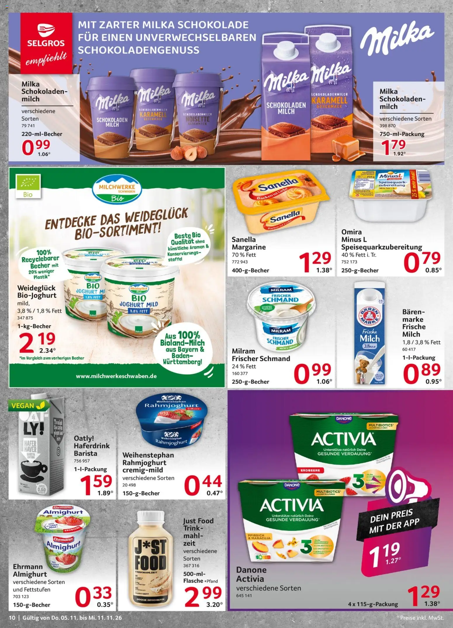 Vorschau von dem Prospekt des Geschäftes Selgros, gültig ab dem 05.11.2026 - Schokolade, Joghurt, Milch, Milka schokolade, Milka, Oatly, Activia, Haferdrink