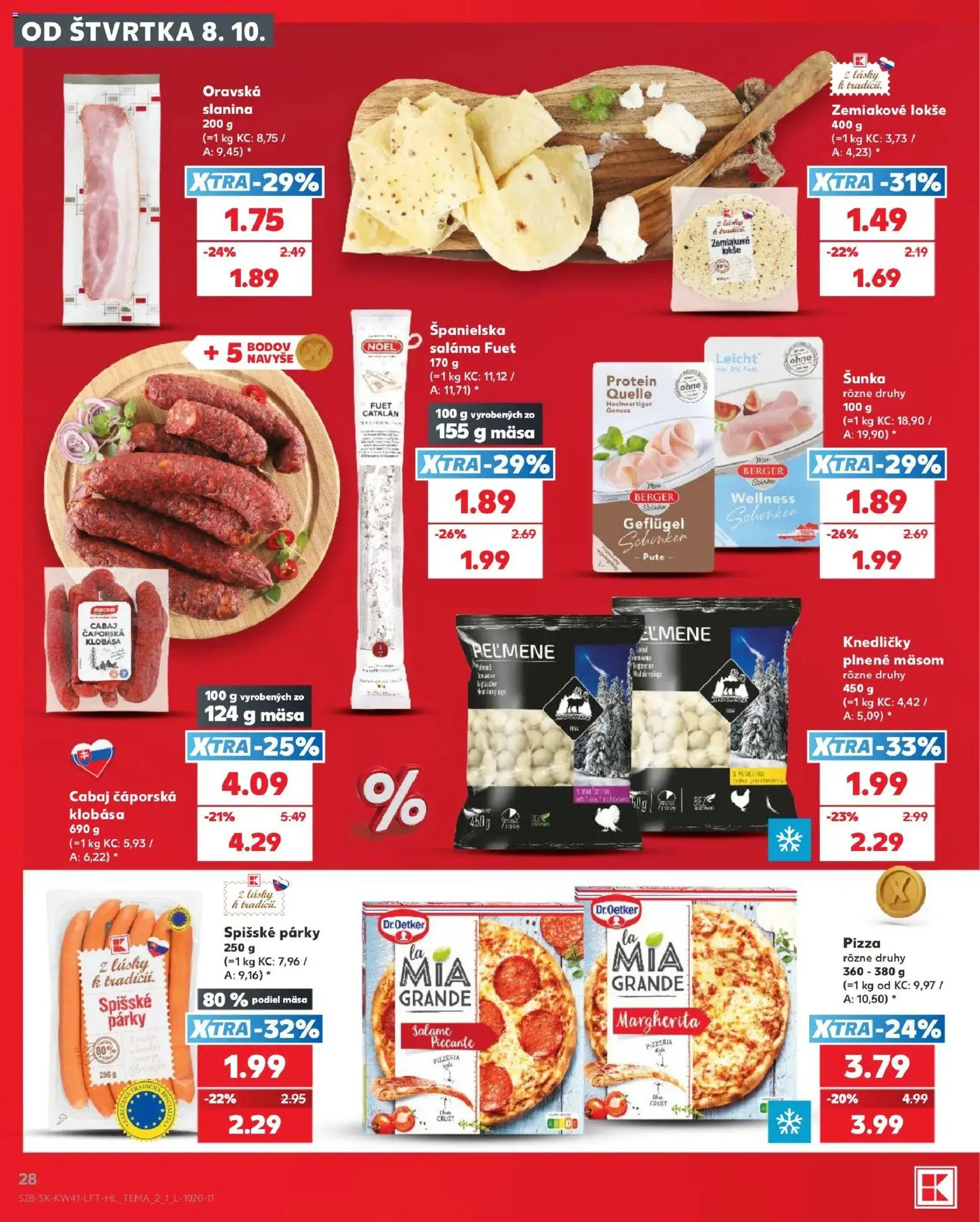 Náhľad Kaufland letáku platného od 08.10.2026 - Pizza, Protein, Klobása, Šunka, Slanina, Párky, Saláma