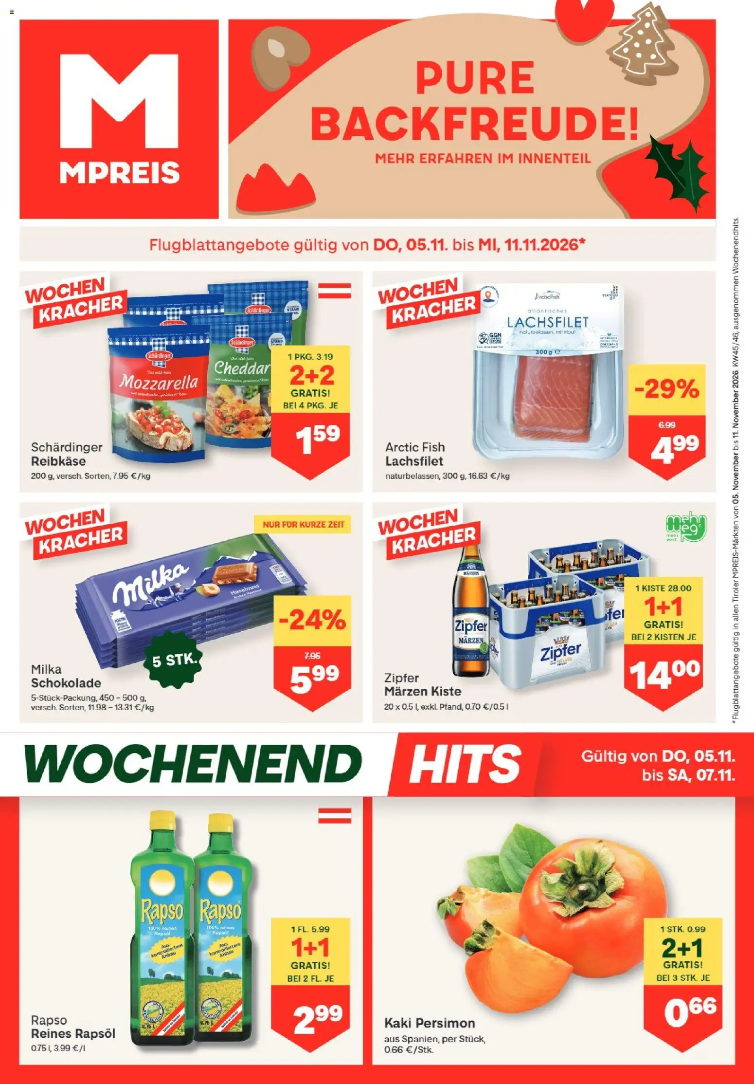 Vorschau der Angebote: MPREIS MPREIS Absam gültig ab 05.11.2026 - Schokolade, Kaki, Rapsöl, Lachsfilet