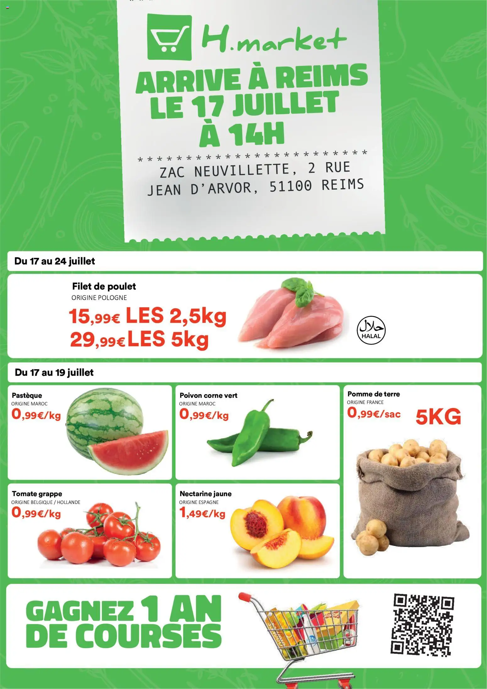 Prévisualisation de Hmarket catalogue du magasin Hmarket formulaire valide 17/07/2026 - Poulet, Pomme, Jean, Pomme de terre, Tomate, Pastèque, Nectarine, Tomate grappe
