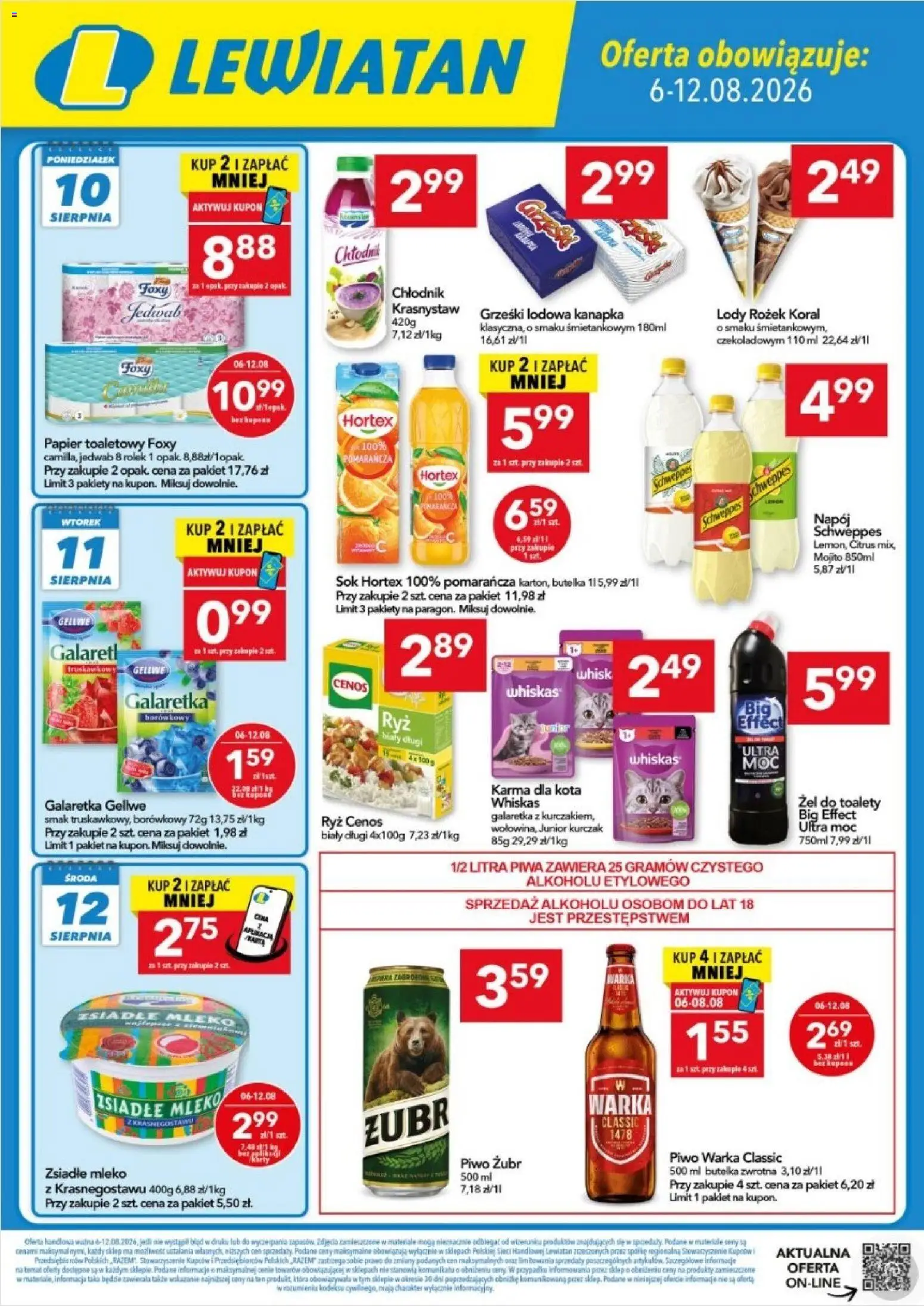 Pogląd gazetki "Lewiatan gazetka - Lublin" ze sklepu Lewiatan ważnej od 06.08.2026 - Lody, Mleko, Kurczak, Karma dla kota, Papier toaletowy, Karma, Whiskas, Zsiadłe mleko