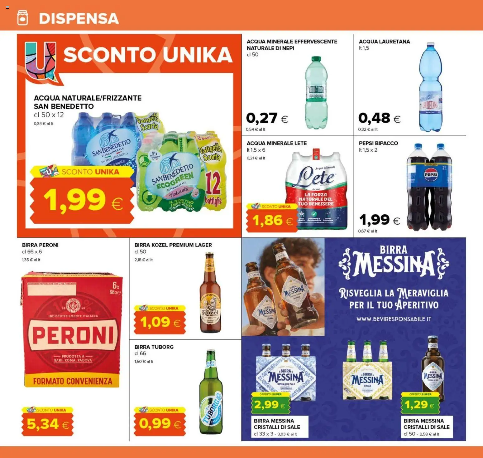 Anteprima dell'opuscolo Oasi volantino Zagarolo dal negozio Oasi valido da 22/10/2026 - Acqua, Birra, Sale, Pepsi, Birra messina, Birra Peroni, Birra Kozel, Birra Tuborg