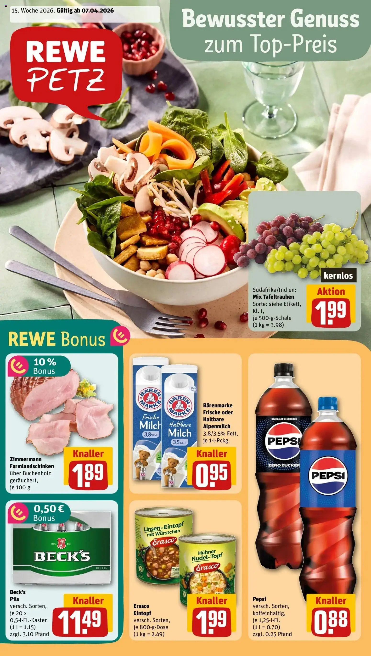 Vorschau von dem Prospekt des Geschäftes Rewe, gültig ab dem 05.04.2026 - Cola, Milch, Zucker, Pepsi, Haltbare milch, Pils, Erasco