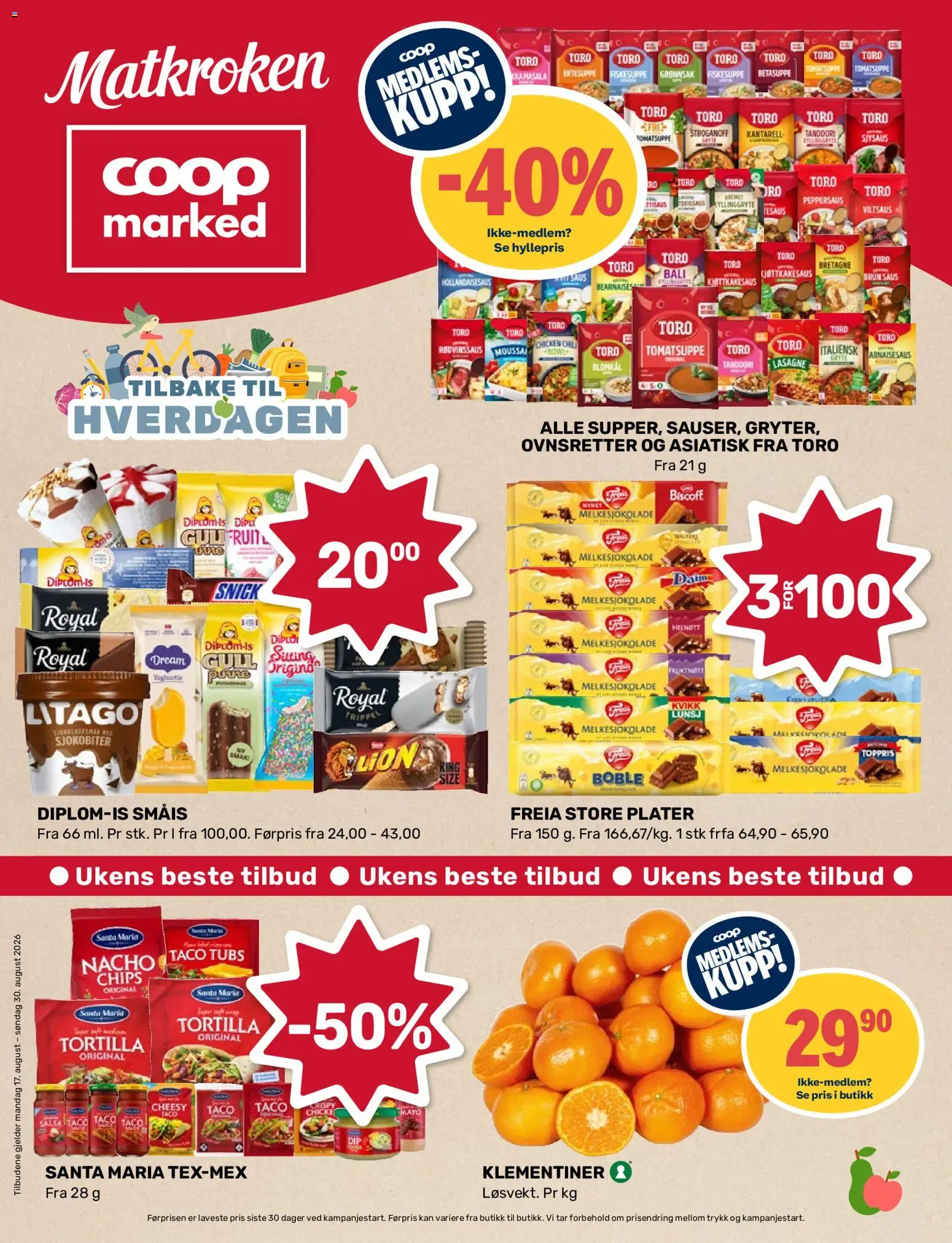Forhåndsvis Coop Marked kundeavis fra butikk Coop Marked gyldig fra 17/08/2026 - Chips, Lasagne, Ved, Blomkål, Saus, Fiskesuppe, Tomatsuppe, Taco