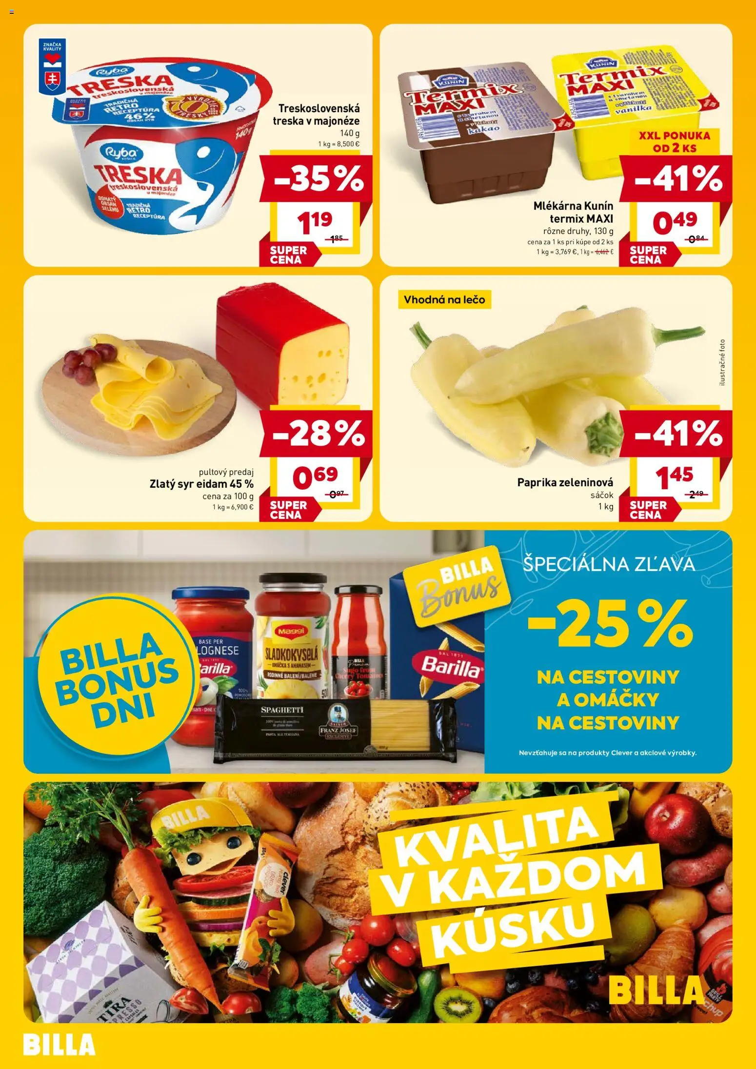 Náhľad Billa letáku platného od 14.10.2026 - Cestoviny, Syr, Ryba, Treska, Kakao, Vanilka, Omáčky, Eidam