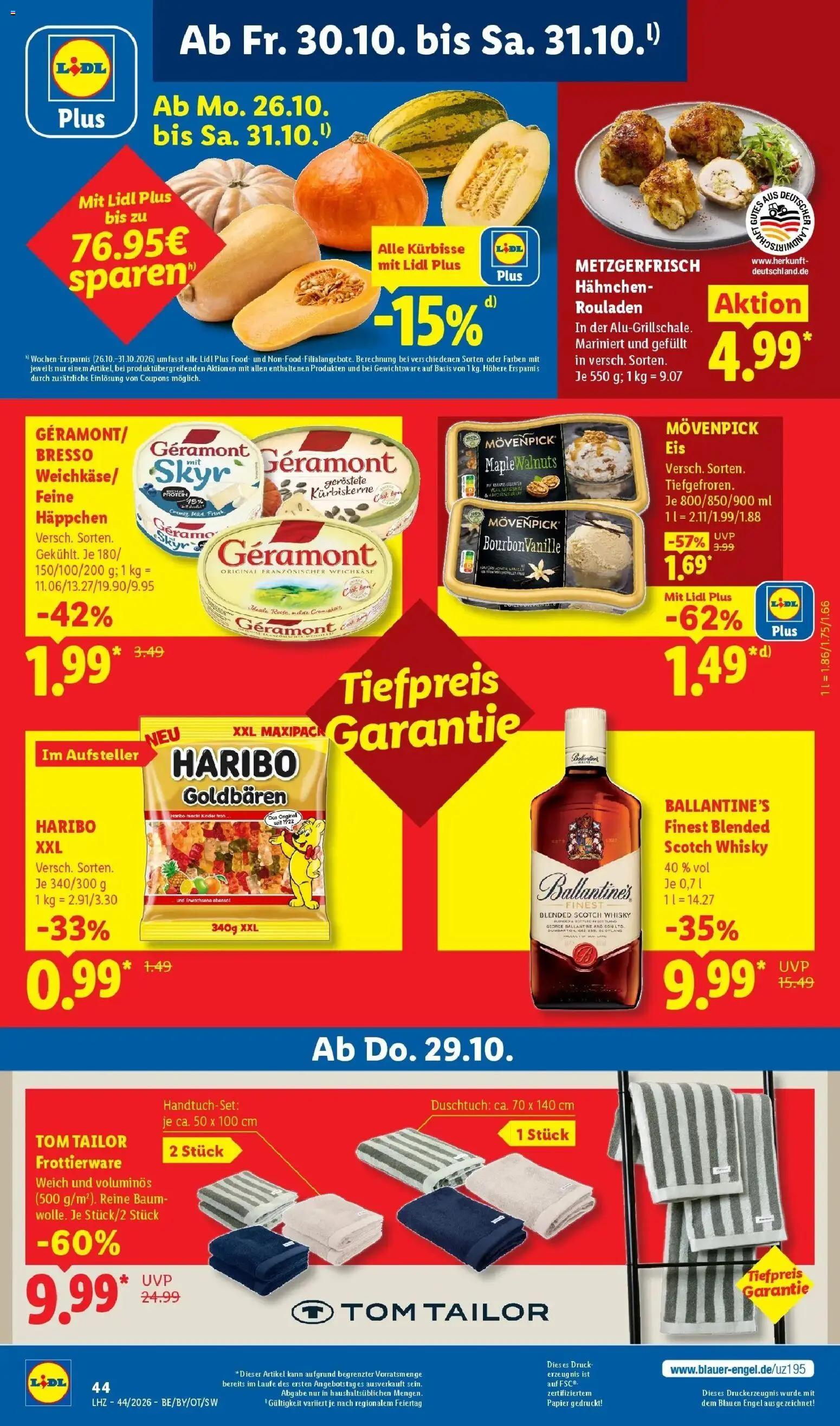 Vorschau von dem Prospekt des Geschäftes Lidl, gültig ab dem 26.10.2026 - Eis, Haribo, Whisky, Skyr, Movenpick eis, Geramont, Bresso, Hahnchen