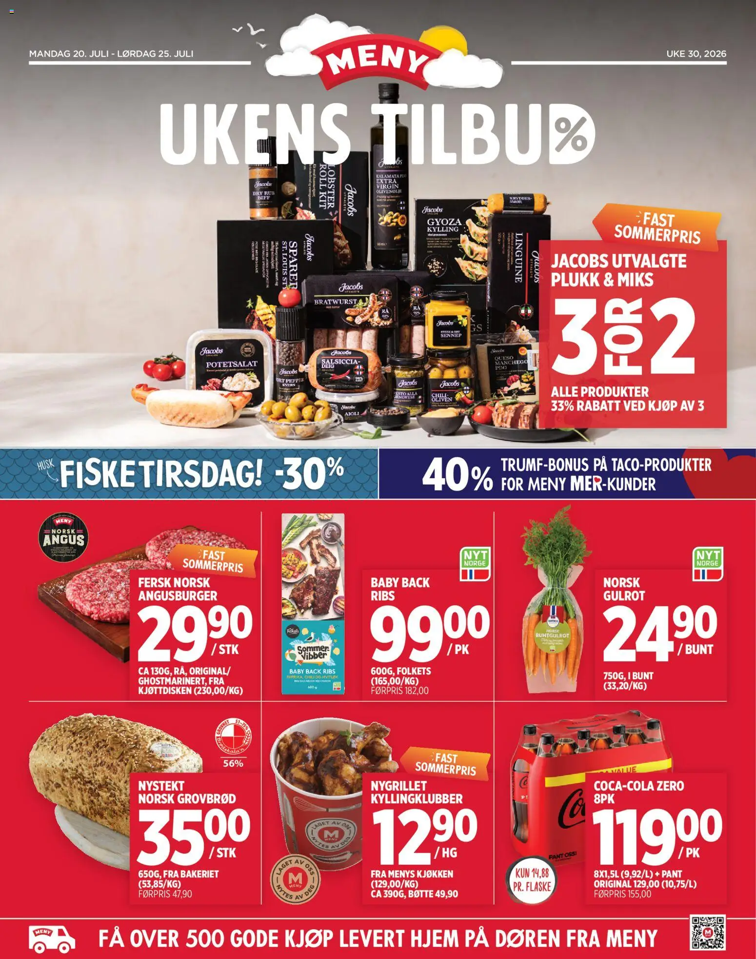 Forhåndsvis Meny kundeavis fra butikk Meny gyldig fra 20/07/2026 - Pesto, Grovbrød, Potetsalat, Kylling, Kyllingklubber, Gulrot, Aioli, Oliven