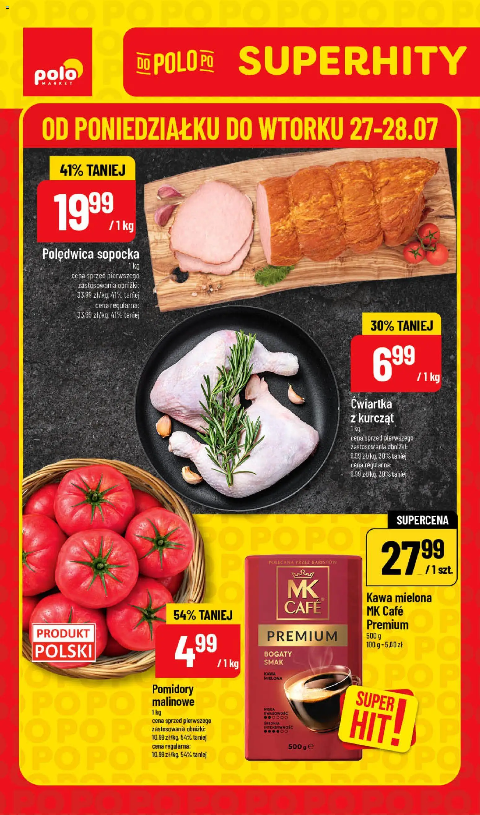 Pogląd gazetki "POLOmarket gazetka - Super Hity" ze sklepu POLOmarket ważnej od 27.07.2026 - Kawa, Pomidory, Kawa mielona, Polędwica sopocka, Pomidory malinowe