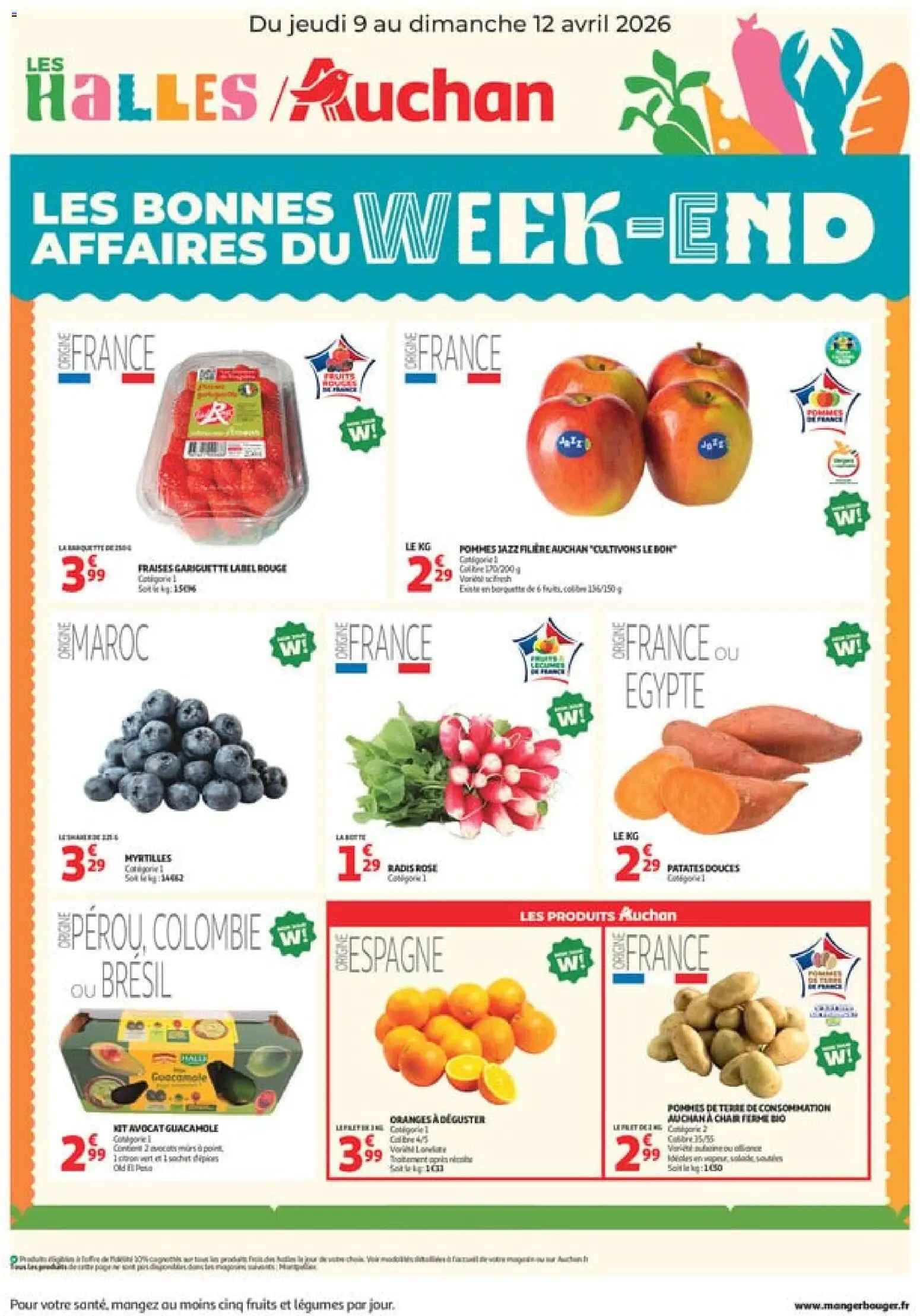 Prévisualisation de Auchan - Les bons plans du week-end dans votre hyper du magasin Auchan formulaire valide 09/04/2026 - Oranges, Avocat, Patates douces, Guacamole, Radis