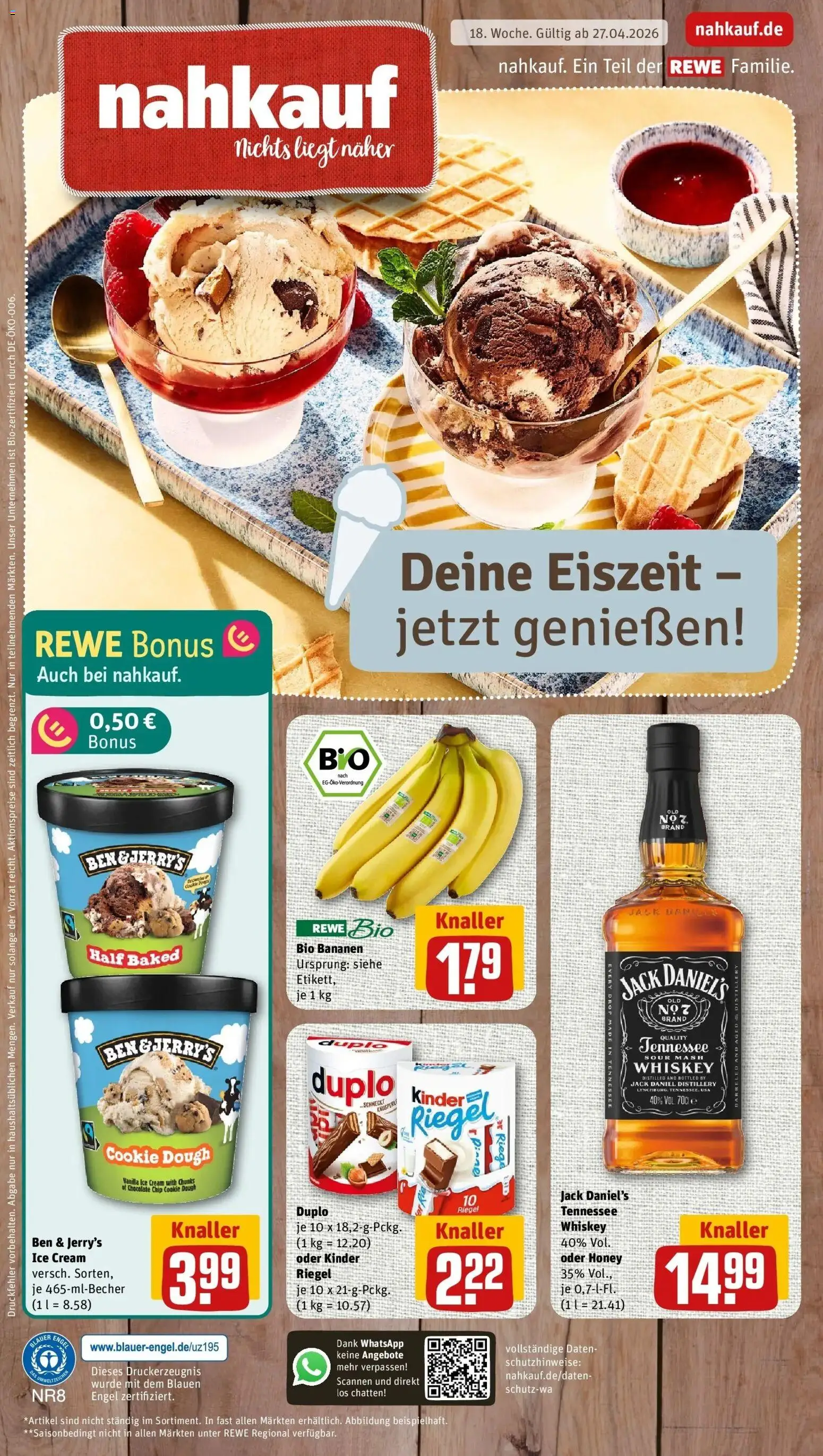 Vorschau von dem Prospekt des Geschäftes Rewe, gültig ab dem 27.04.2026 - Bananen, Whiskey, Ben & Jerry's, Jack Daniel's, Kinder riegel