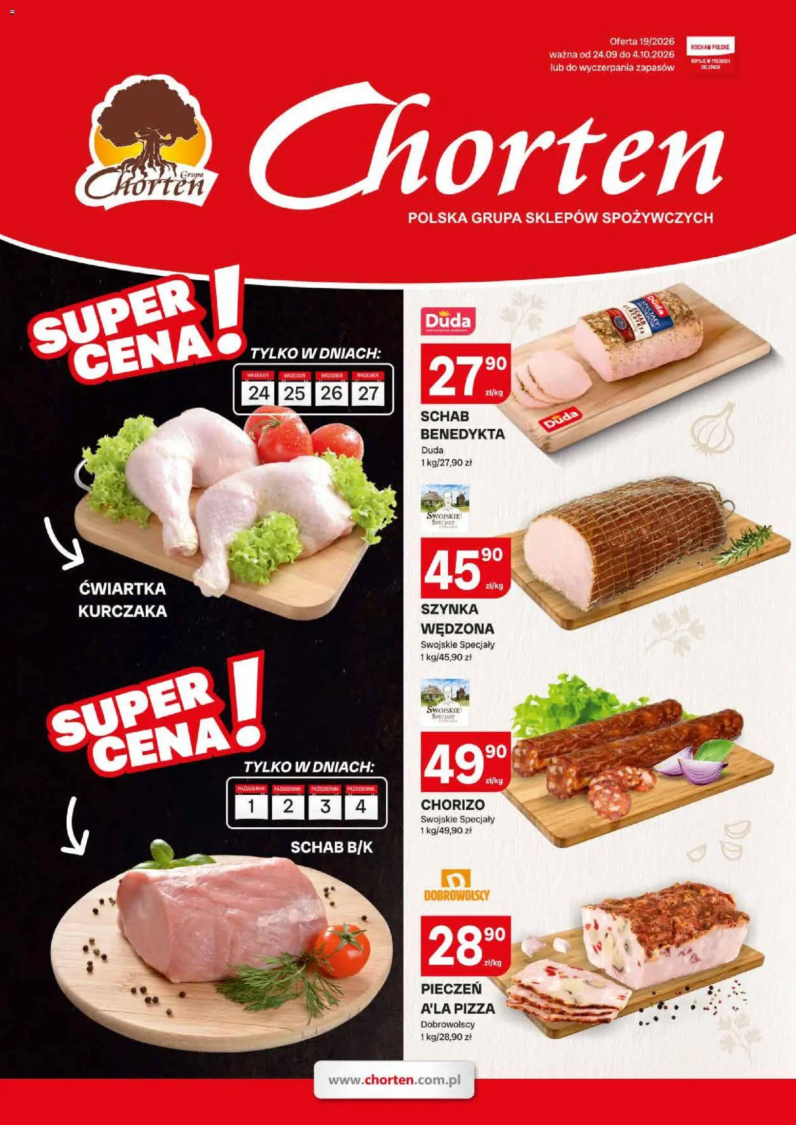 Pogląd gazetki "Chorten gazetka - Mięso i wędliny" ze sklepu Chorten ważnej od 24.09.2026 - Pizza, Chorizo, Schab, Szynka, Specjały