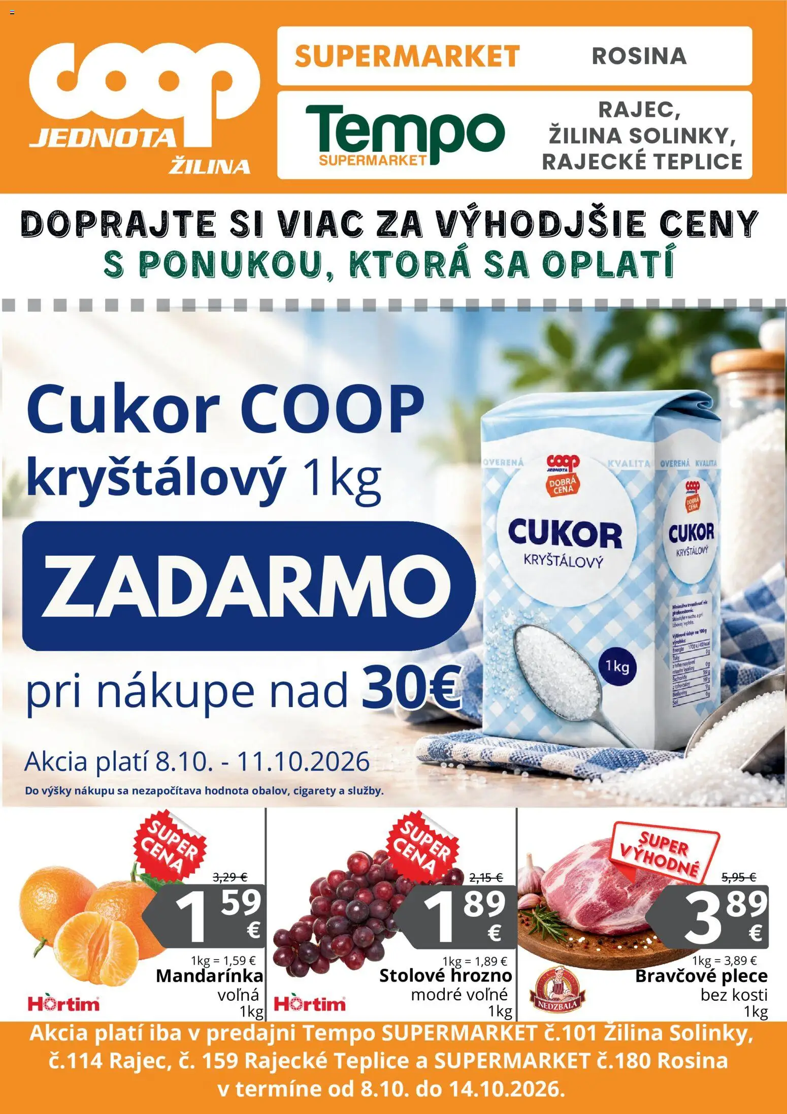 Náhľad COOP Jednota letáku platného od 08.10.2026 - Cukor, Hrozno, Bravčové plece